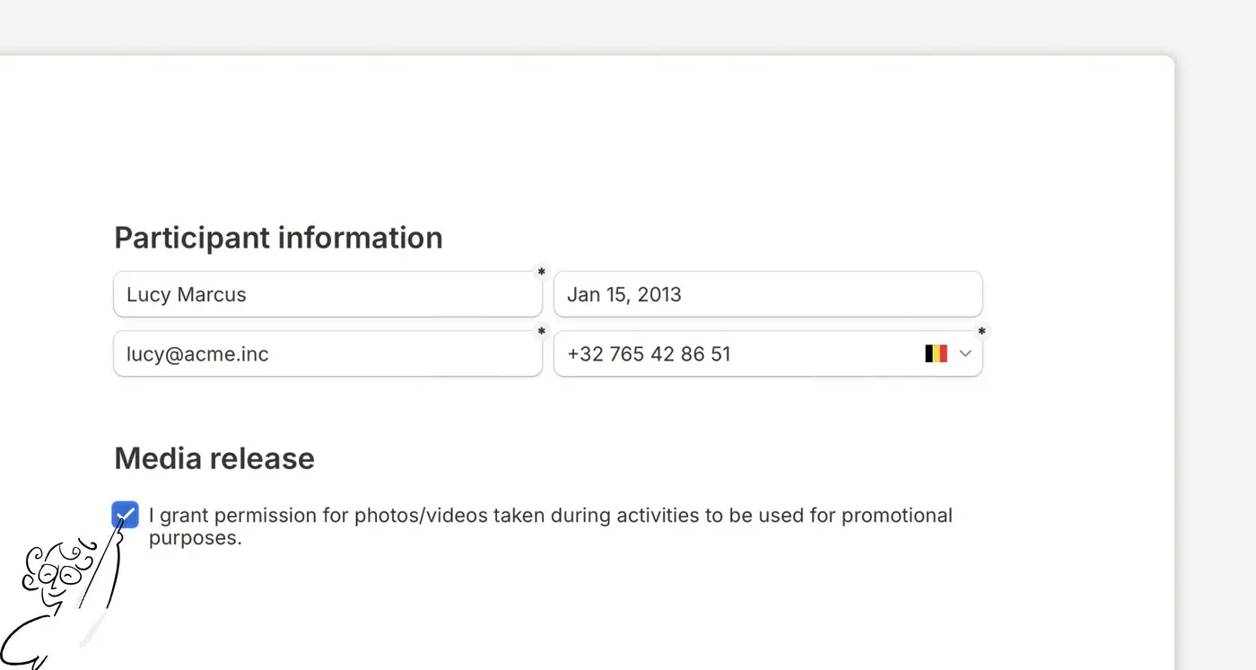 Consent form in a browser with participant info fields and media release checkbox.