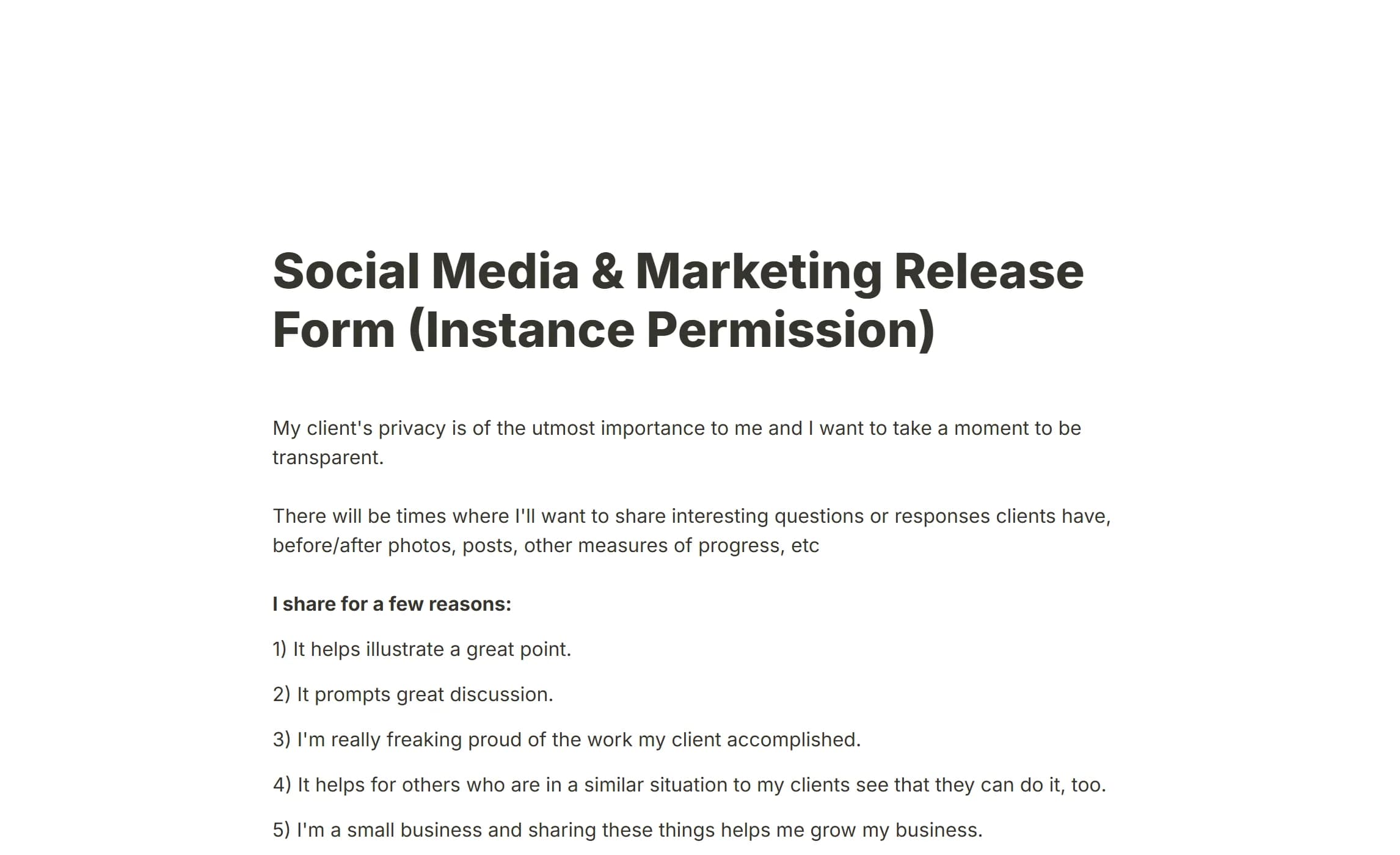 The marketing release template, with its three permission questions