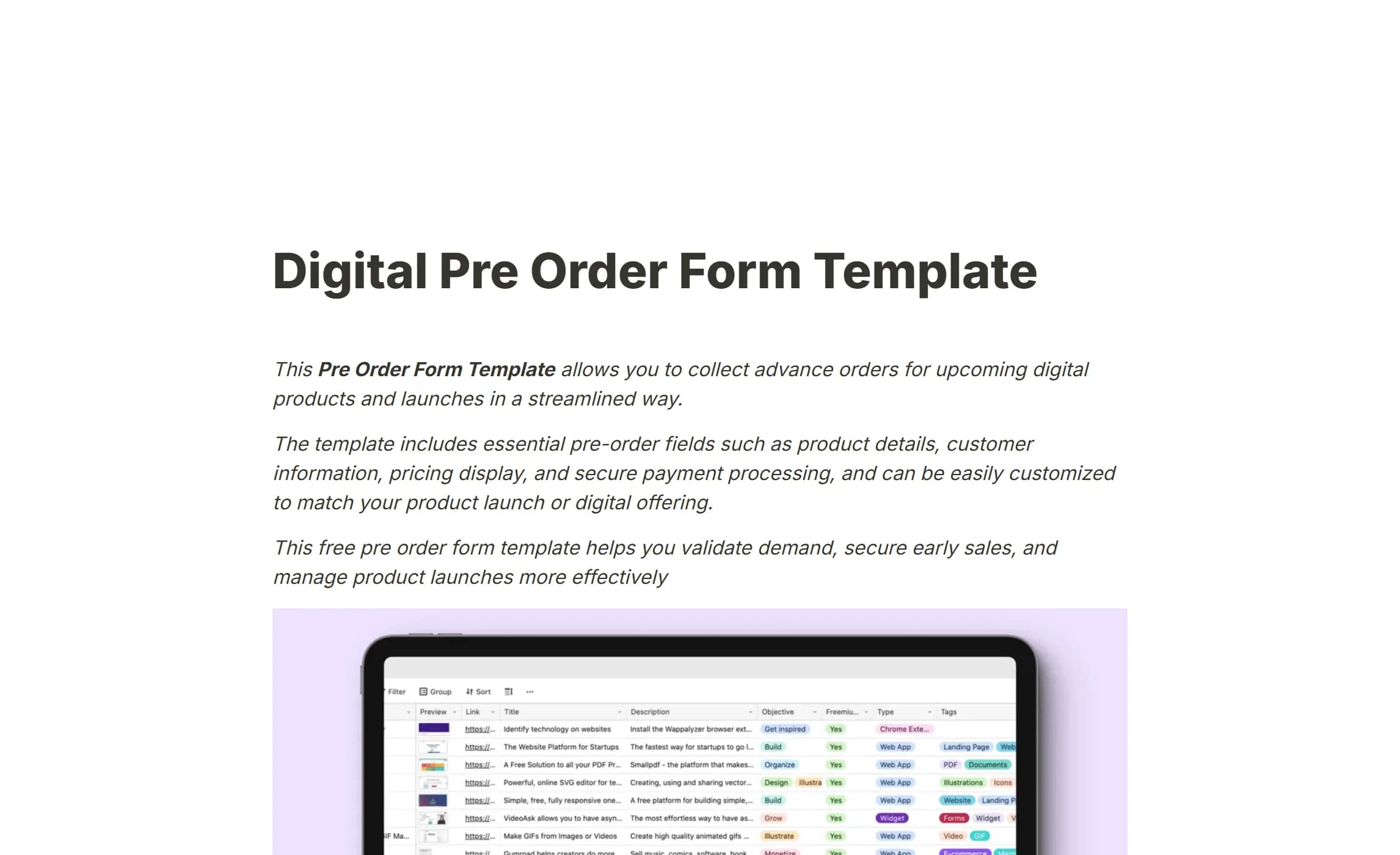 A pre-order template, its product pictured above the price