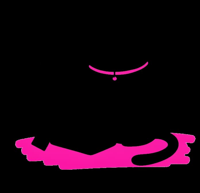 A drawing of a cat with one paw on a ribboned parcel and a blank tag, on a pink brush stroke