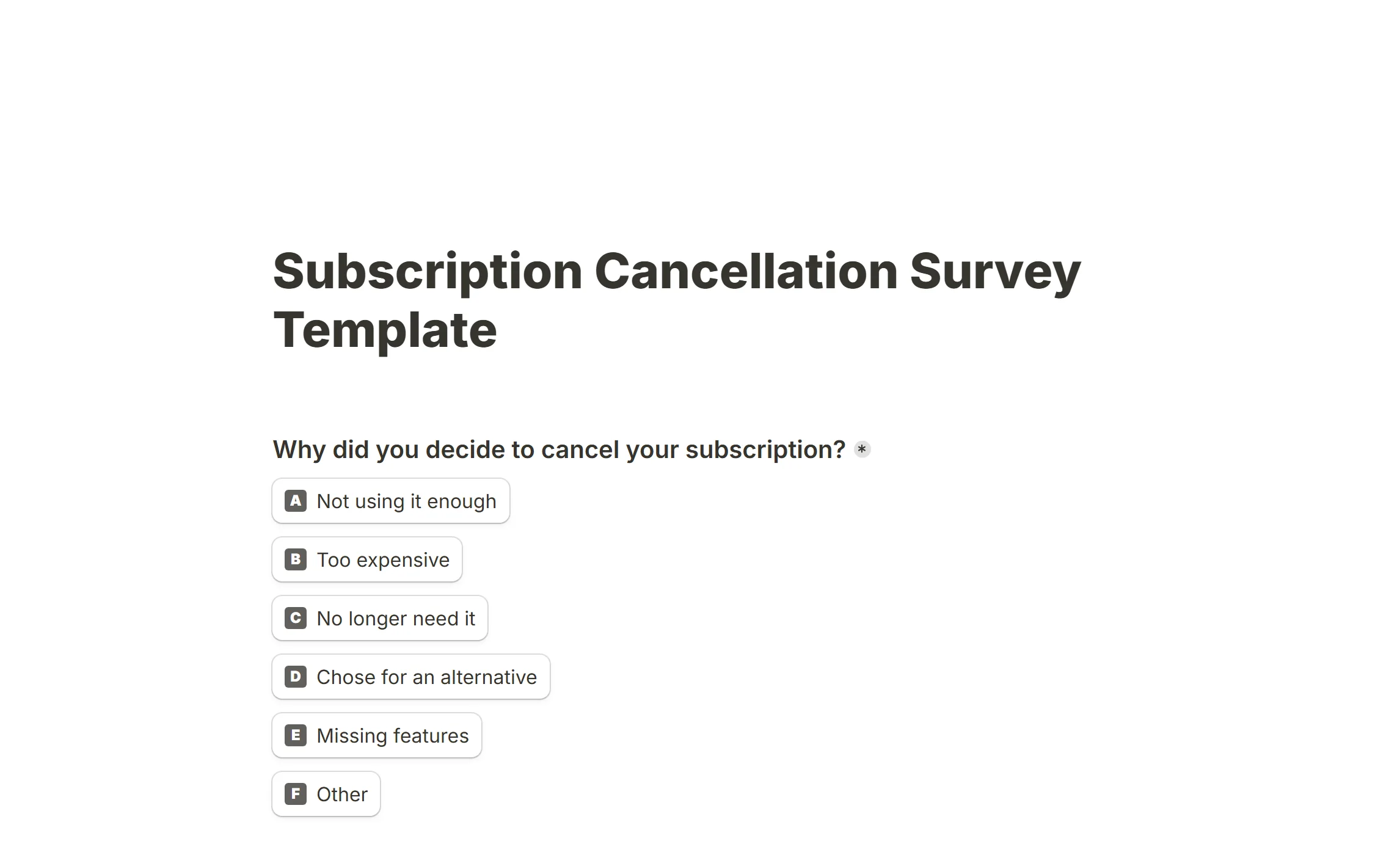 The Subscription Cancellation Survey template, asking the main reason for cancelling