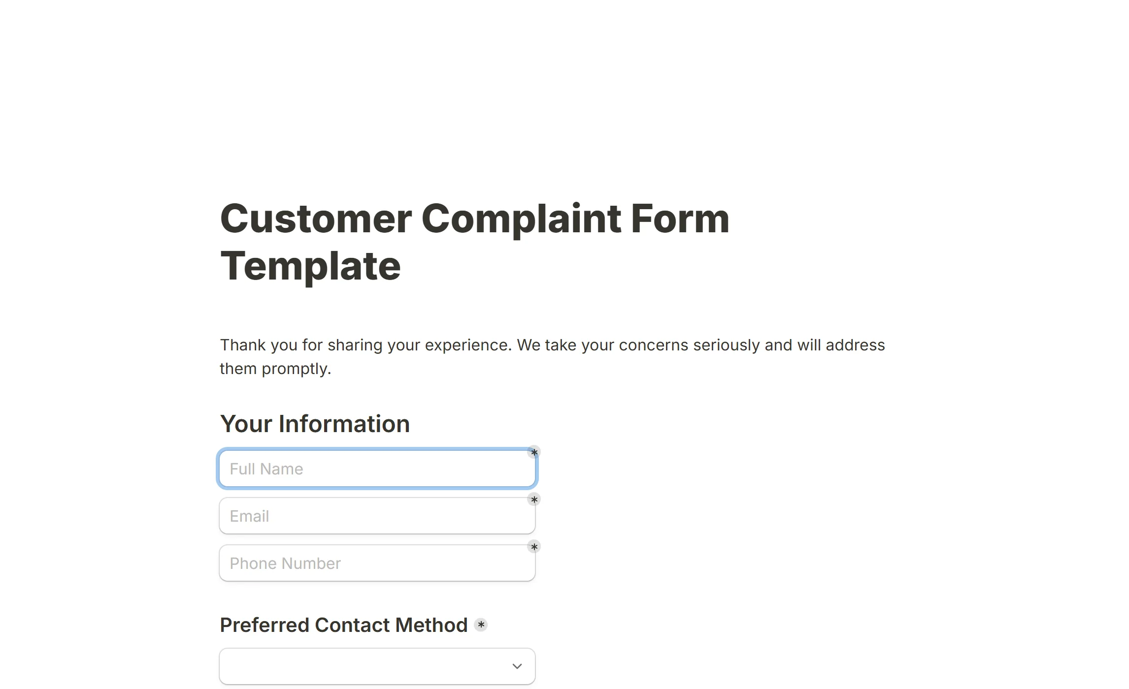 The Customer Complaint Form template, with its name, email and phone fields stacked under Your Information