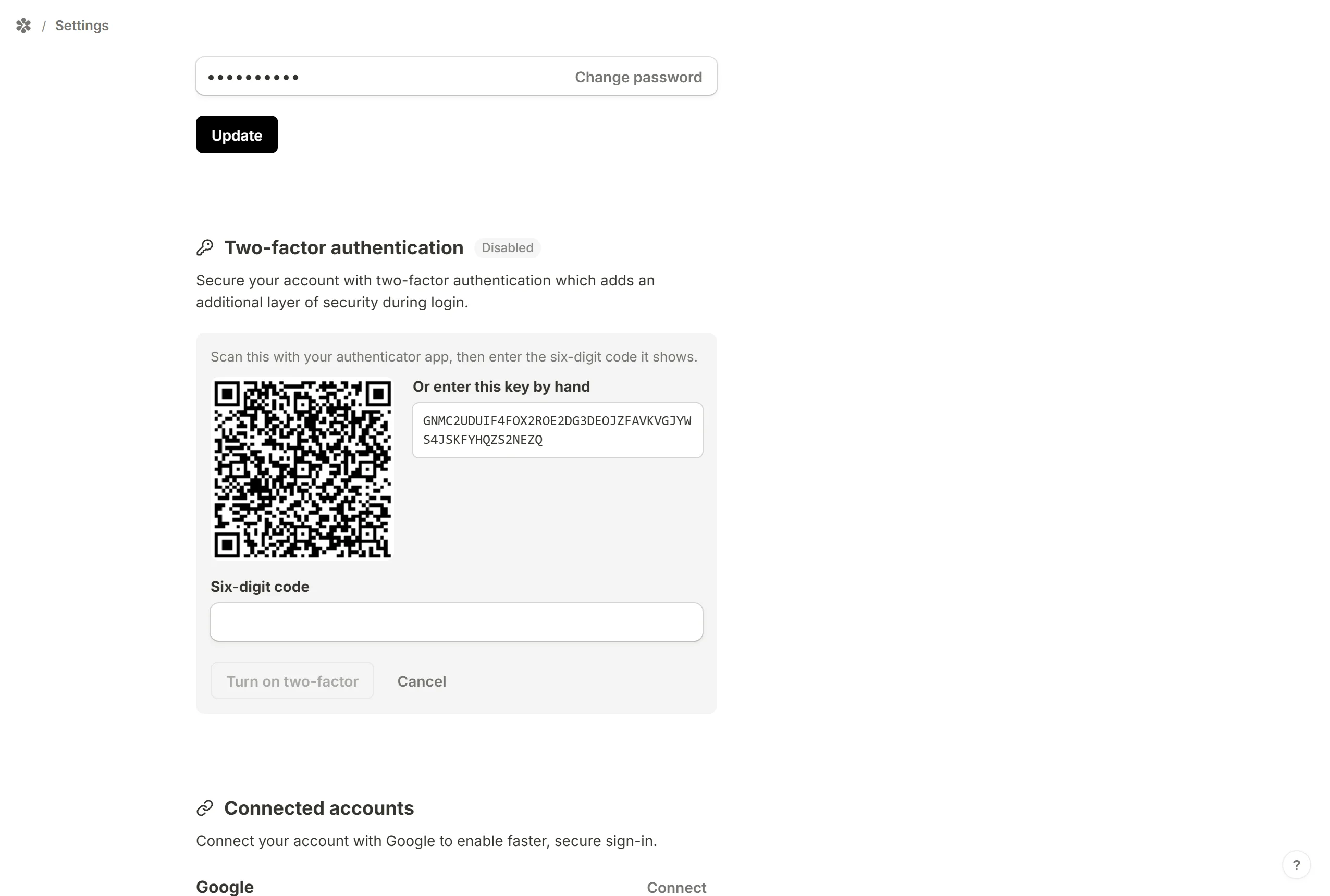 The set-up step: a QR code, the same key in text, and a box for the six-digit code