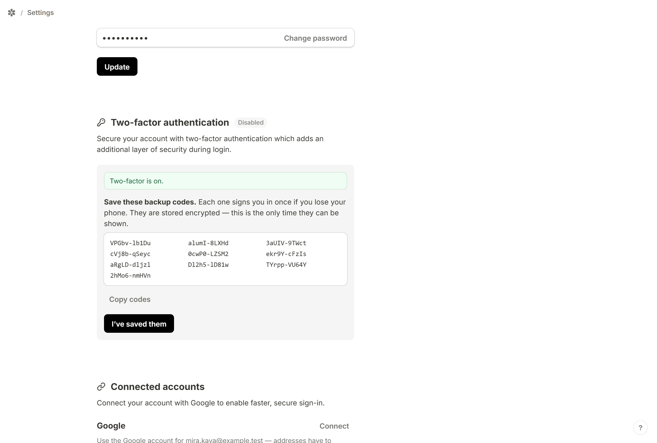 The backup codes shown once, after a code has been verified