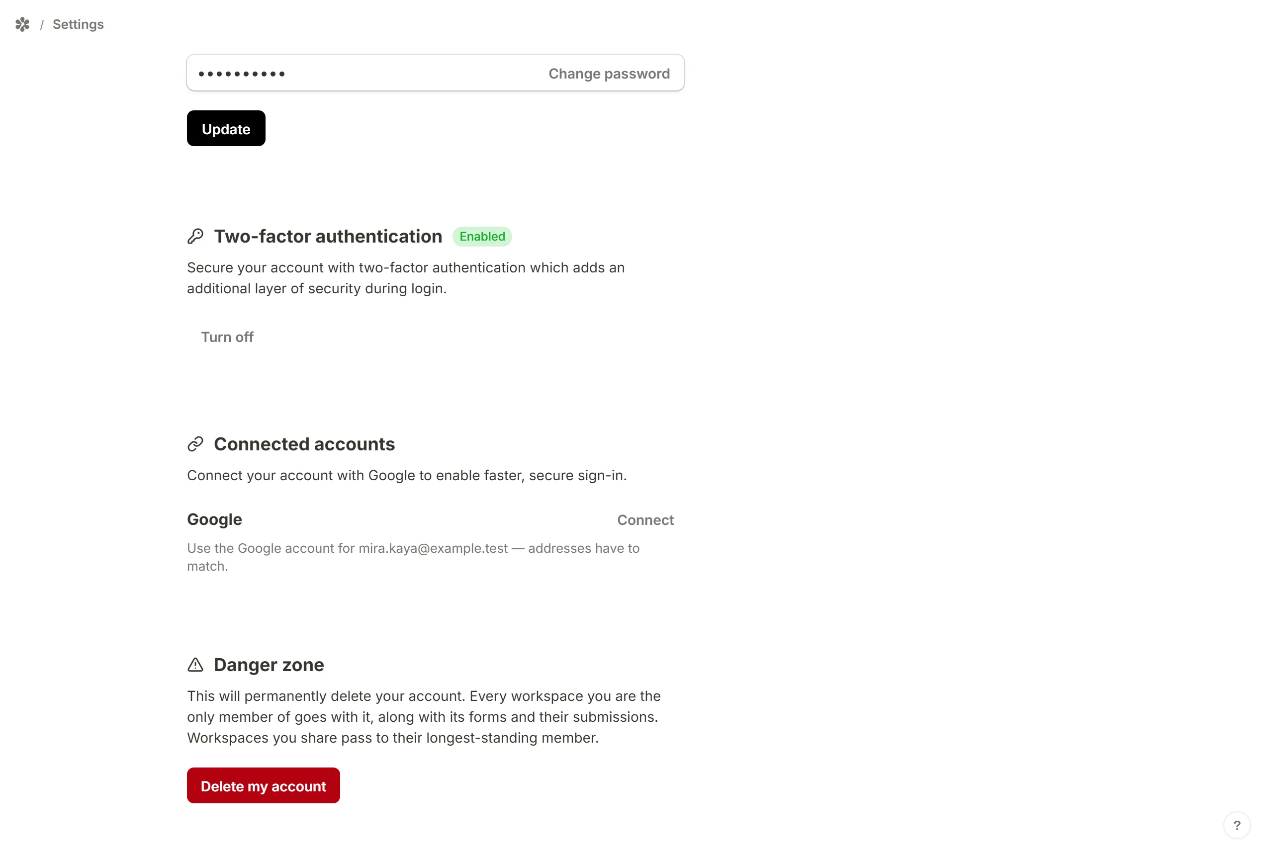 The Connected accounts section, offering Google