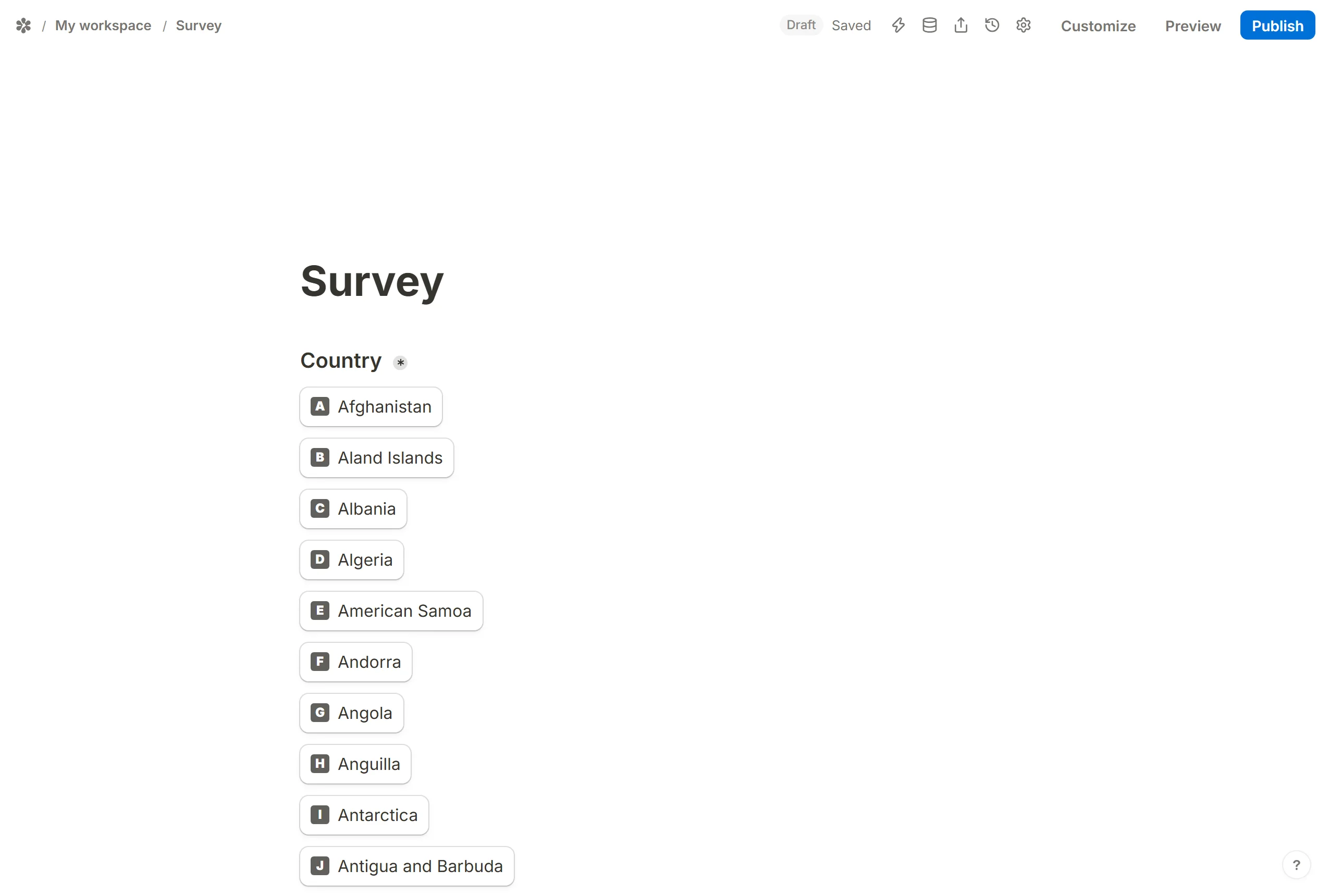 The Country question after the insert, every pasted line now an option of its own