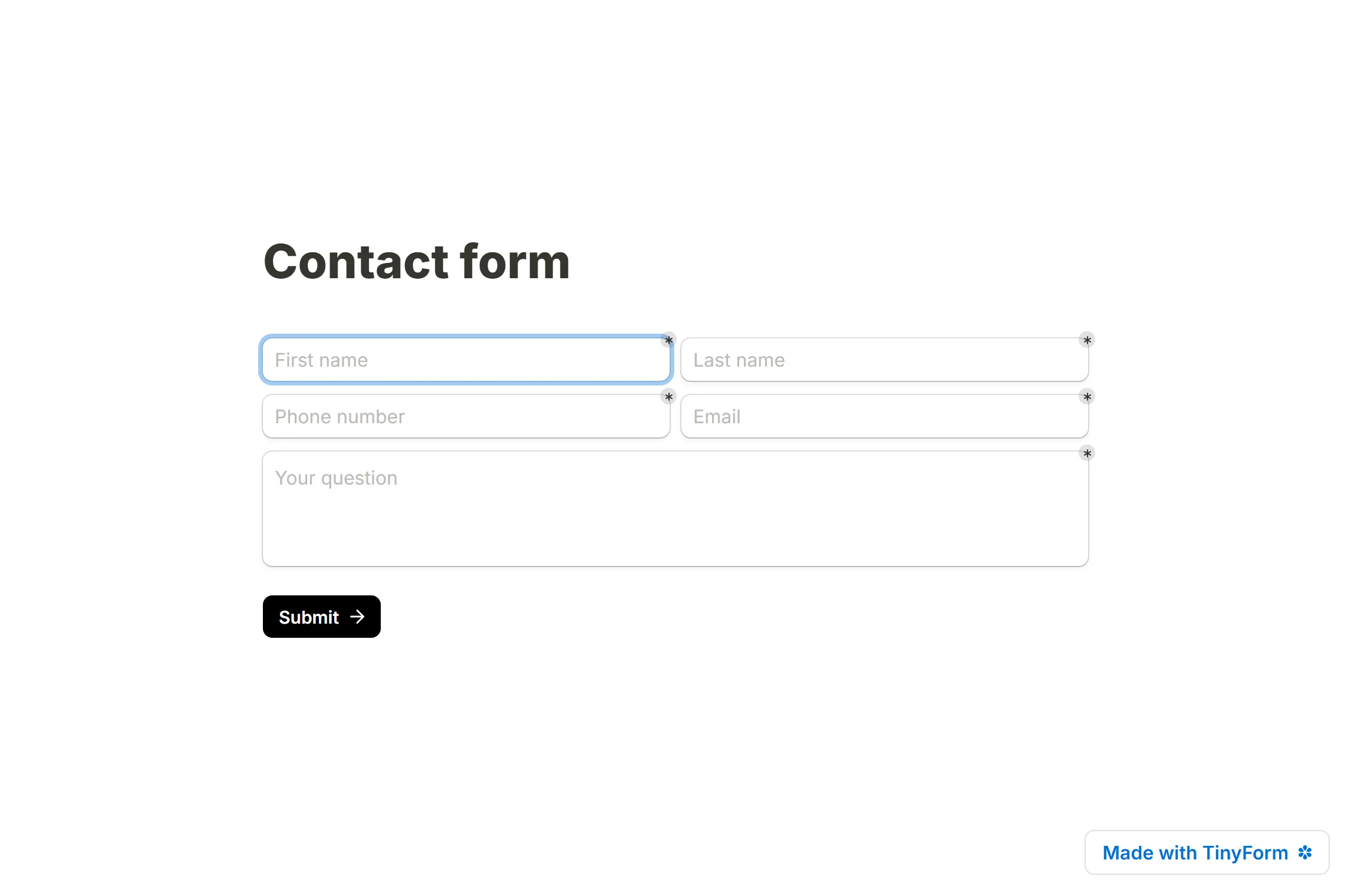 A published contact form with first and last name on one row, phone and email on the next, and the message box under both