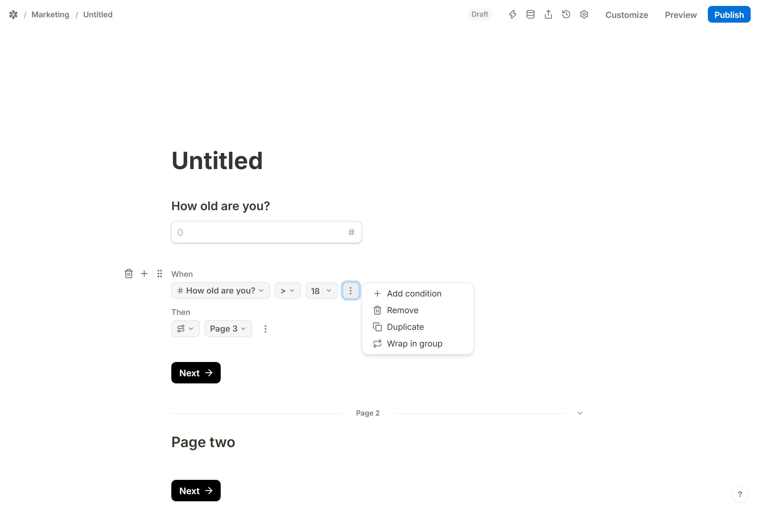The menu beside a condition, offering Add condition, Duplicate, Remove and Wrap in group