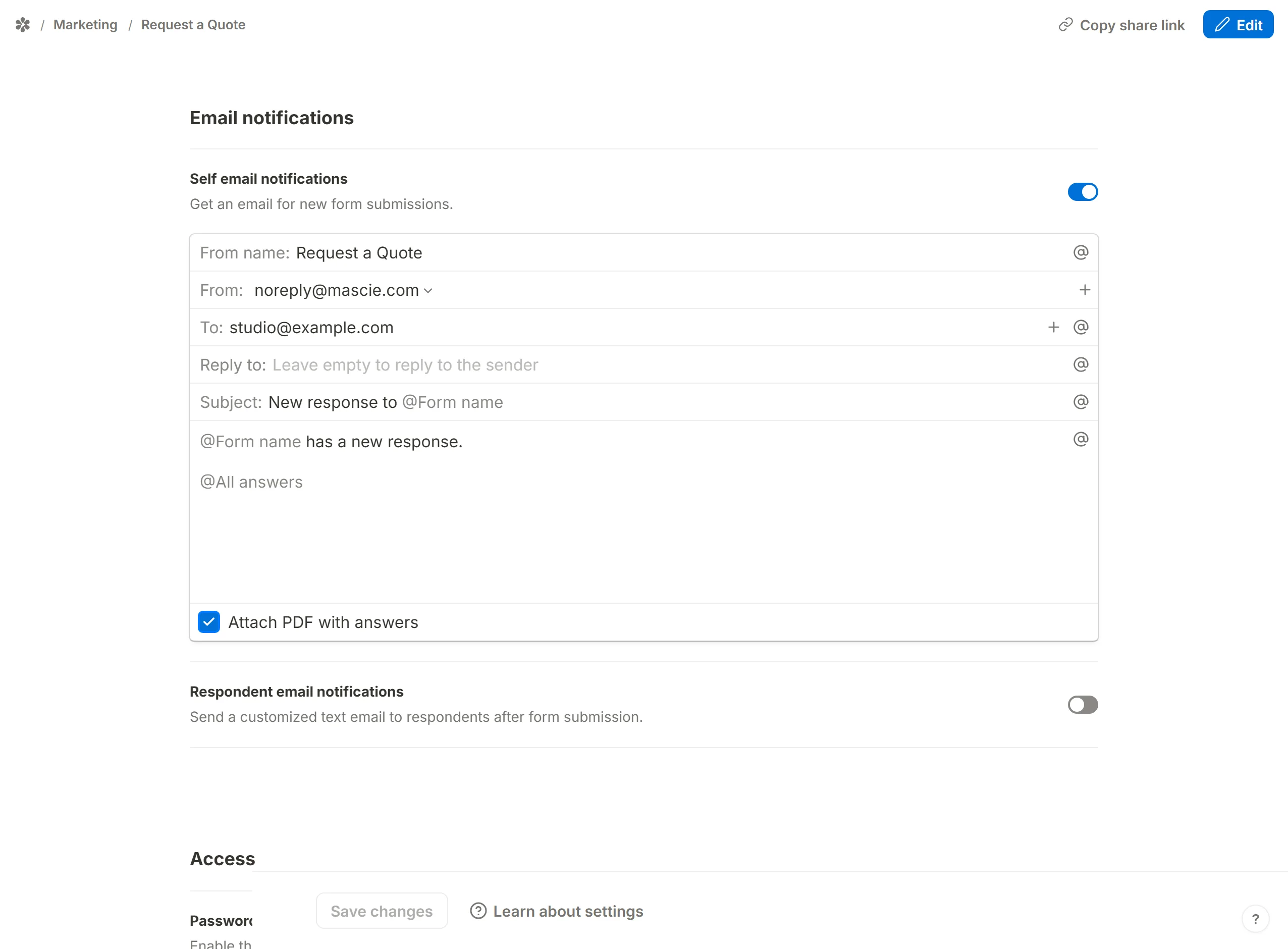 Attach PDF with answers, ticked in the self email notification row of the form settings