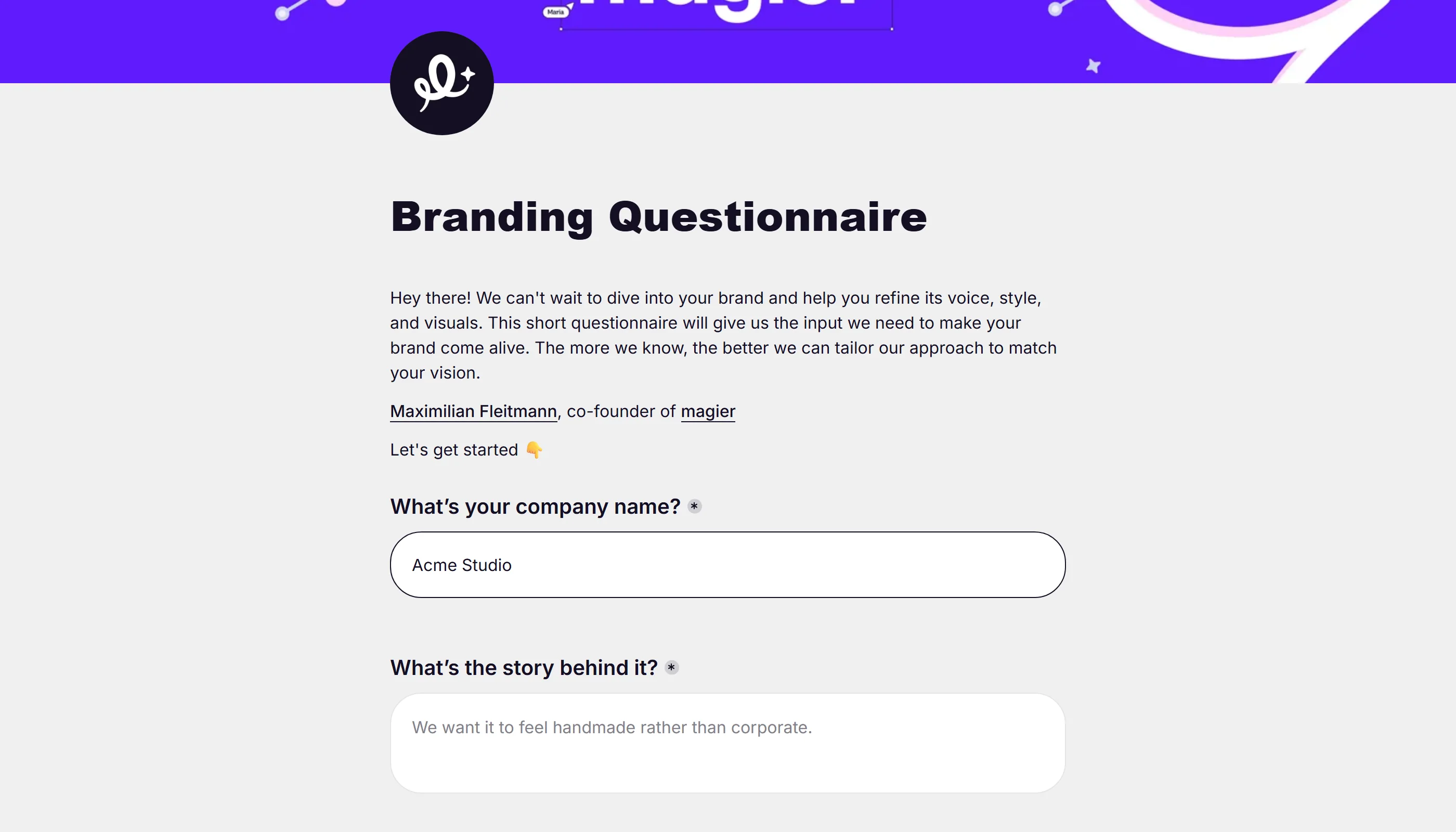 A completed branding questionnaire printed as a PDF