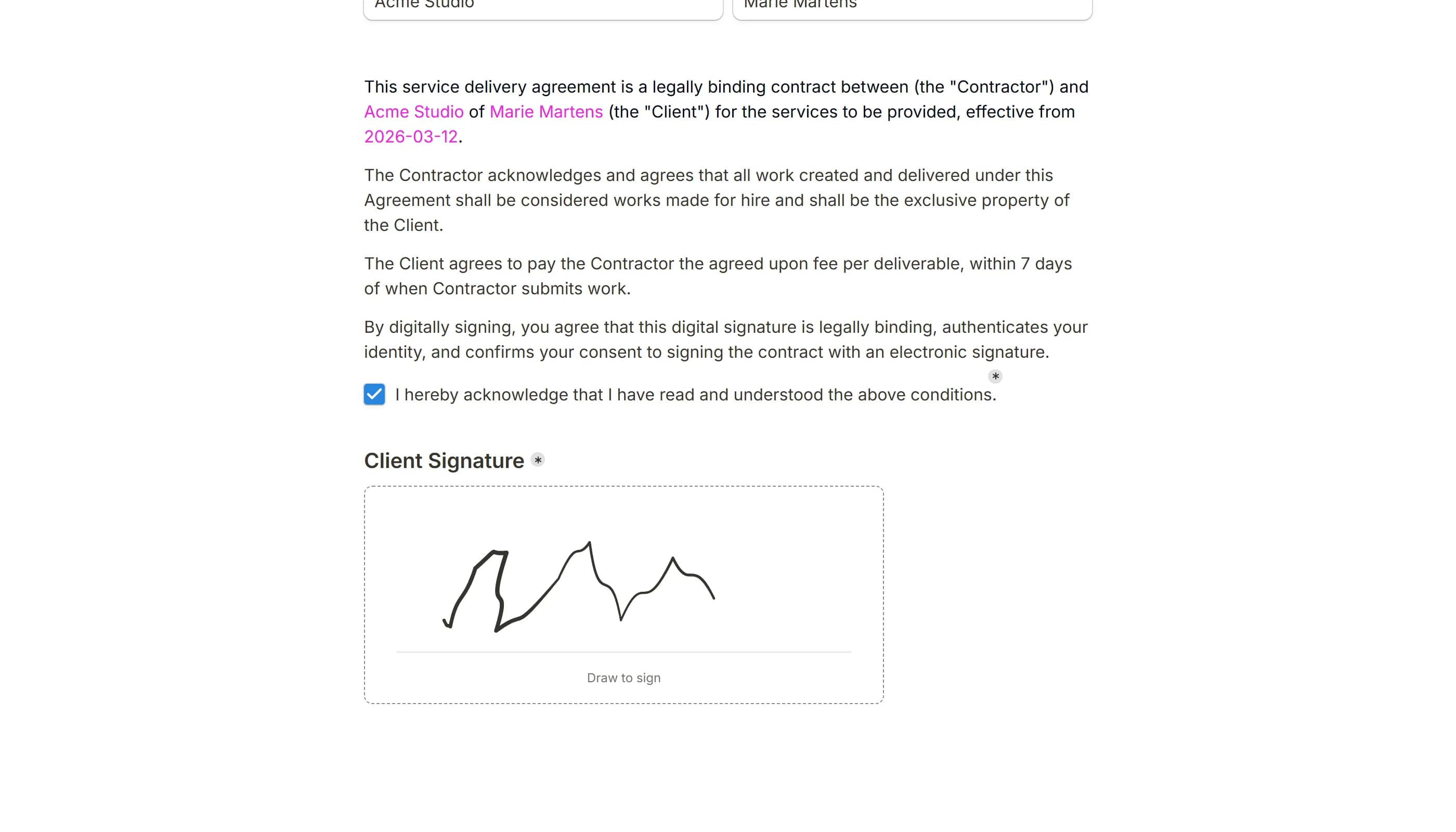 A freelance contract printed as a PDF, with the drawn signature in place