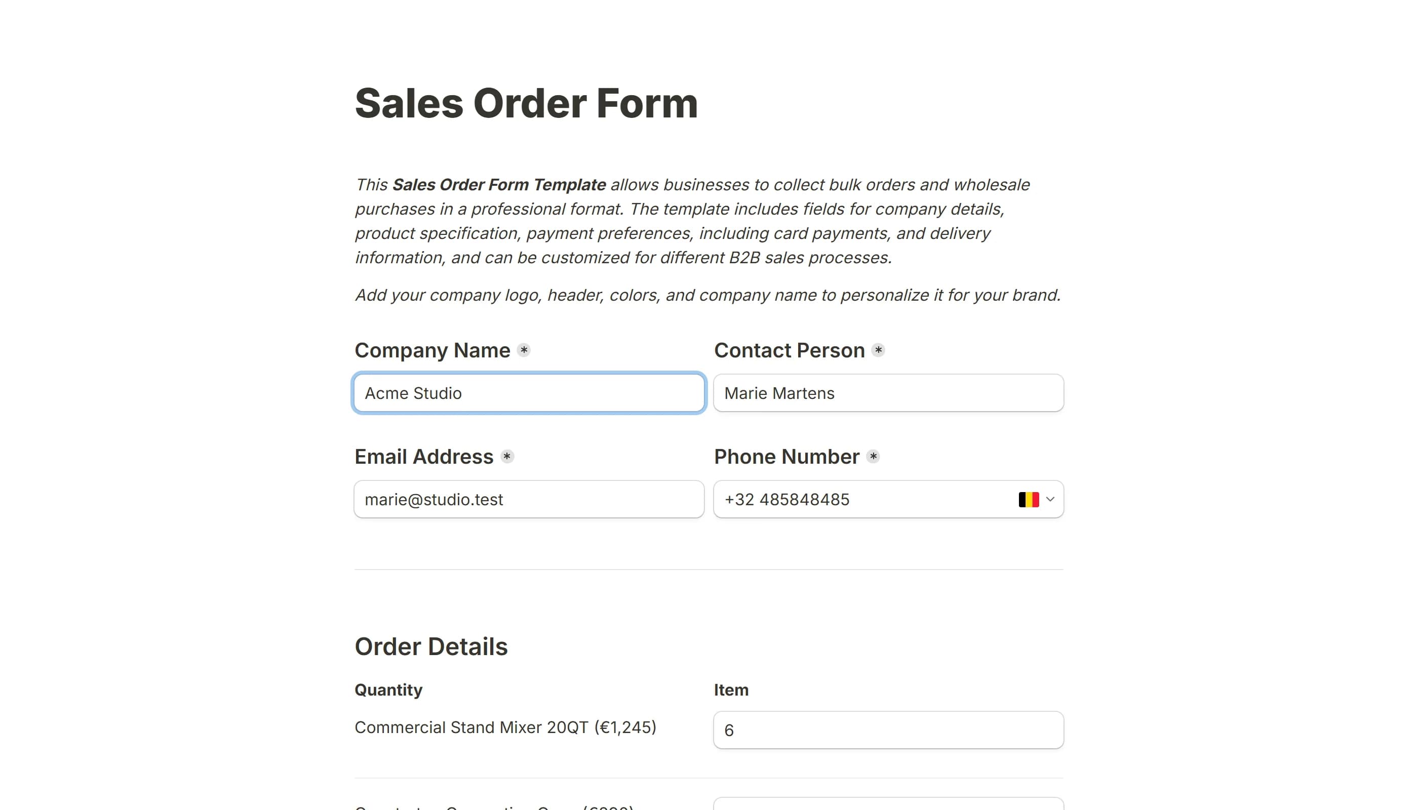 A sales order printed as a PDF