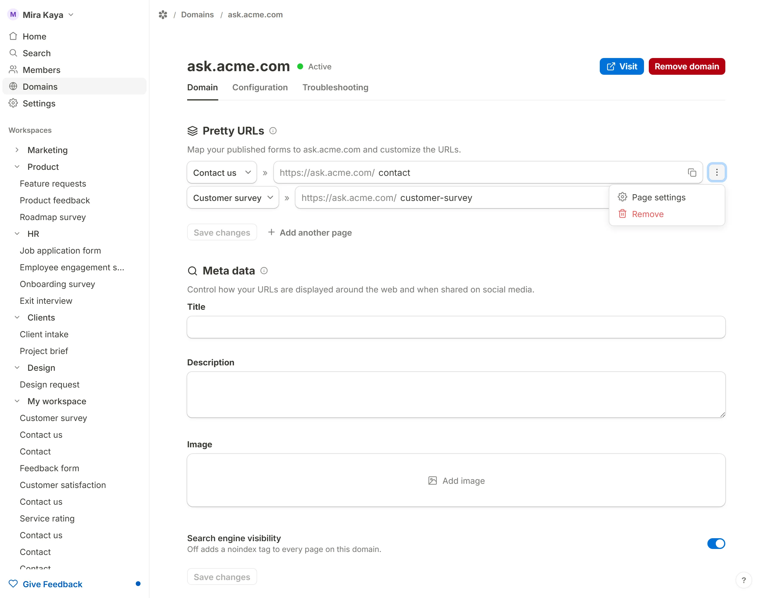 A row's three-dot menu: Page settings and Remove
