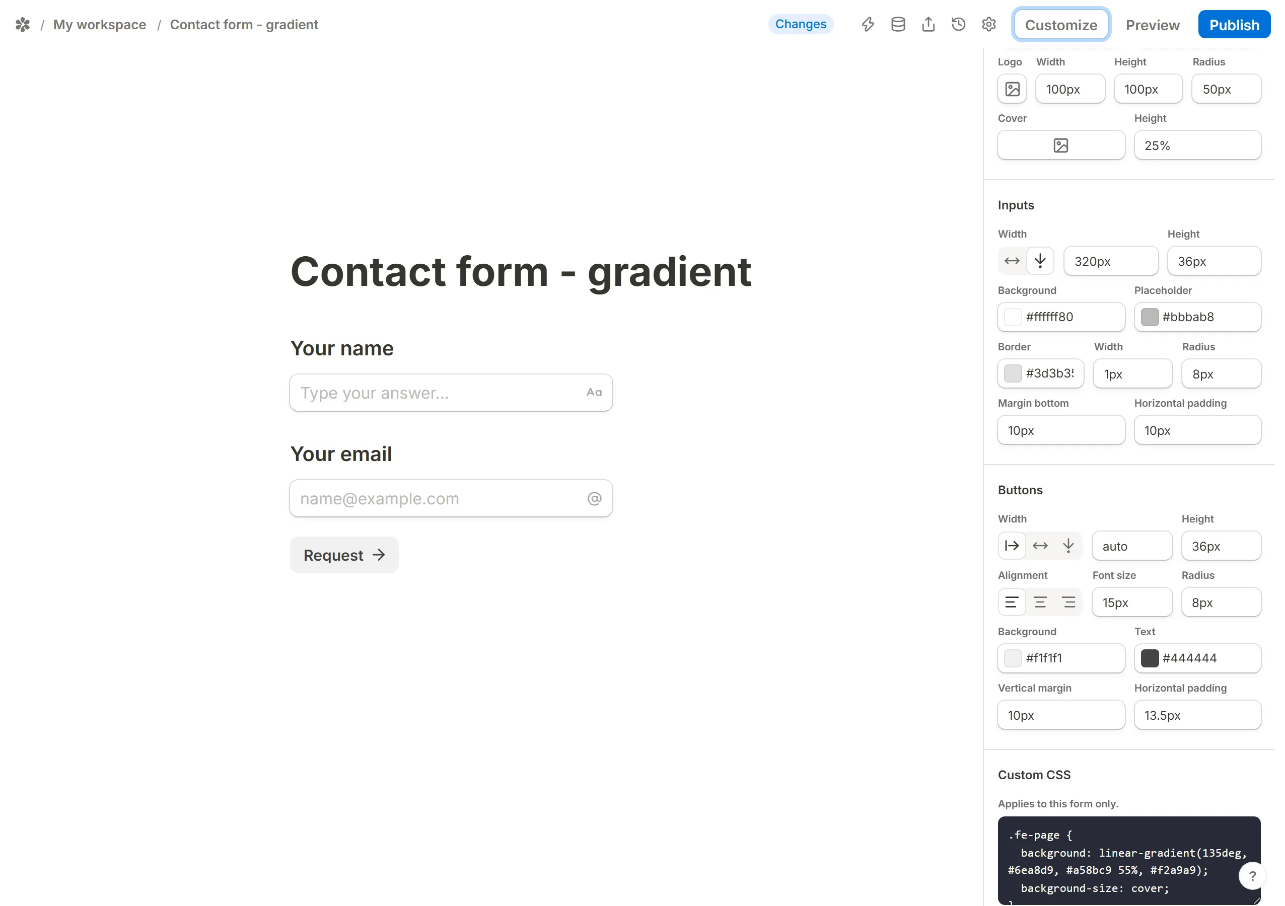 The Custom CSS box at the bottom of the Customize panel, holding a rule for the form page background.