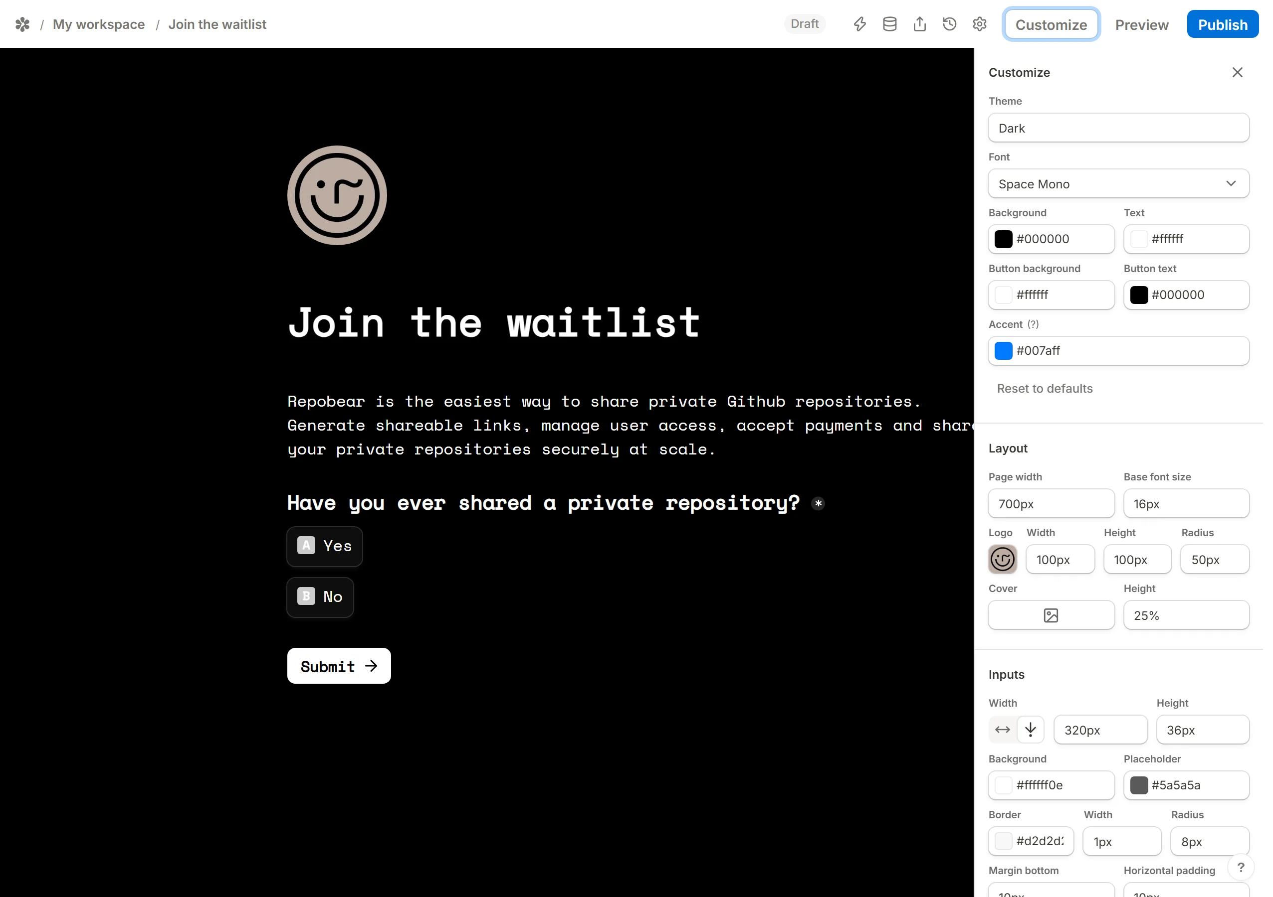 The Customize button above the form and the panel it opens down the right-hand side of the editor.