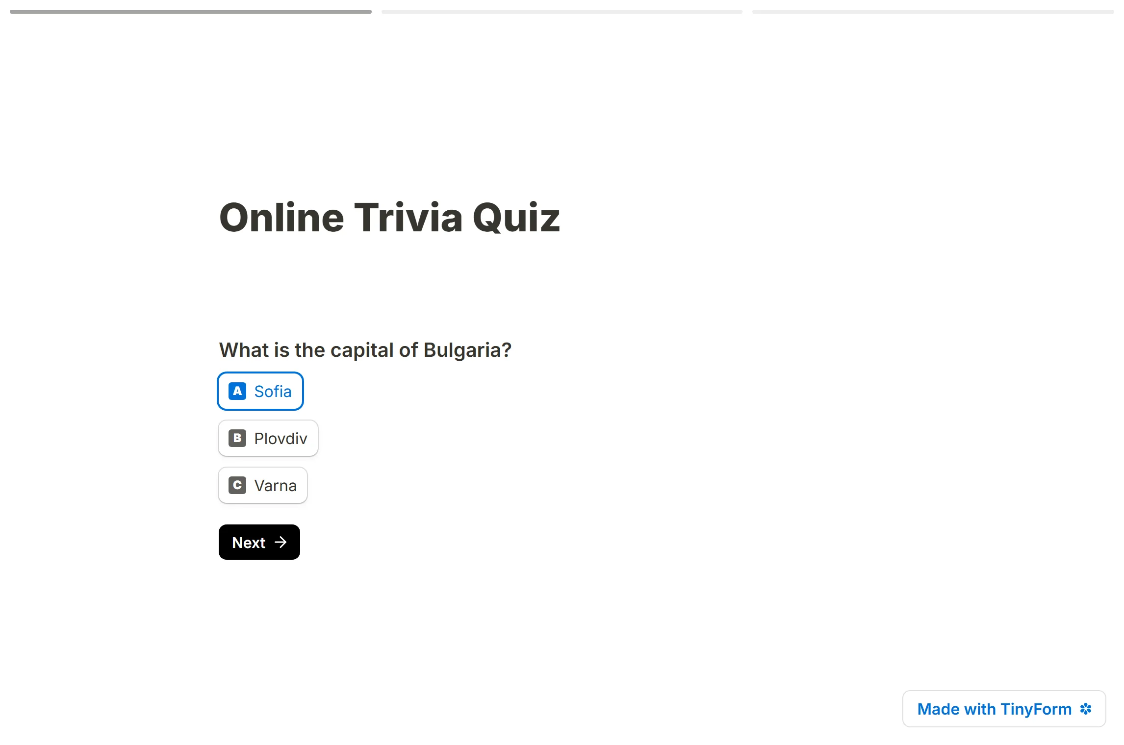 A published multi-page form with the progress bar across the top of its first page.