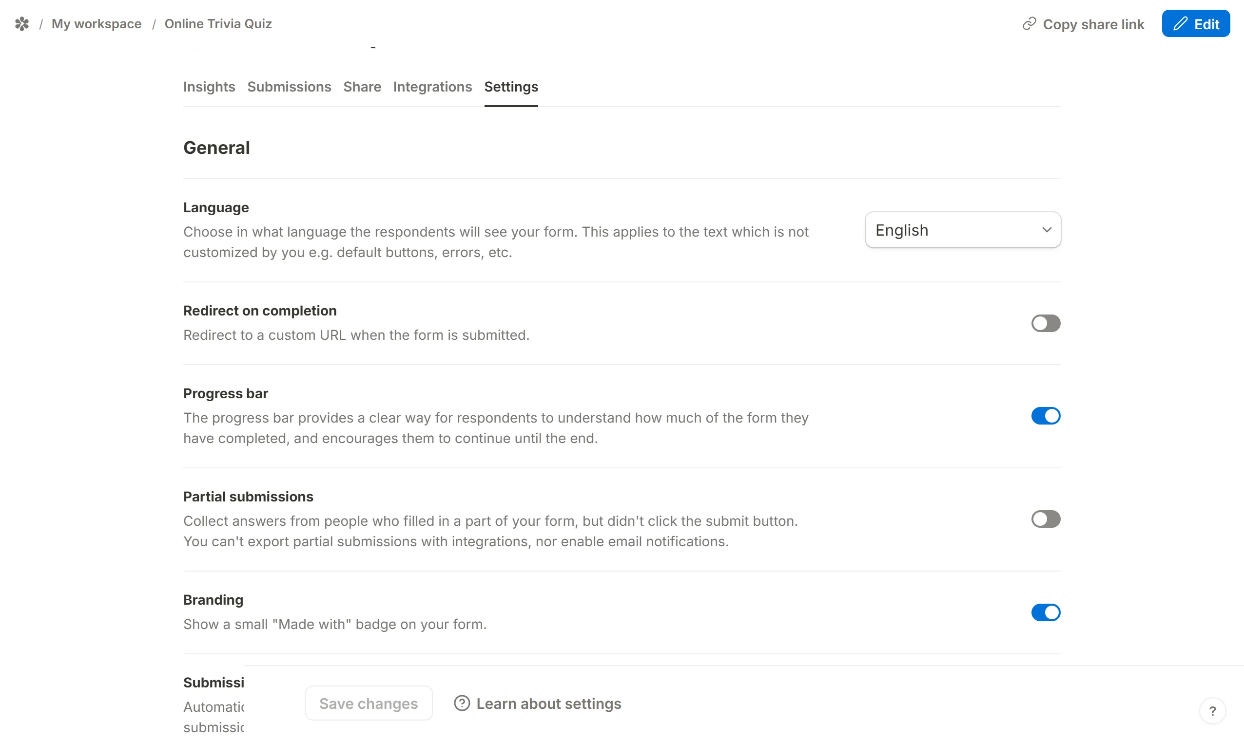 The Progress bar switch under General in the form Settings tab.
