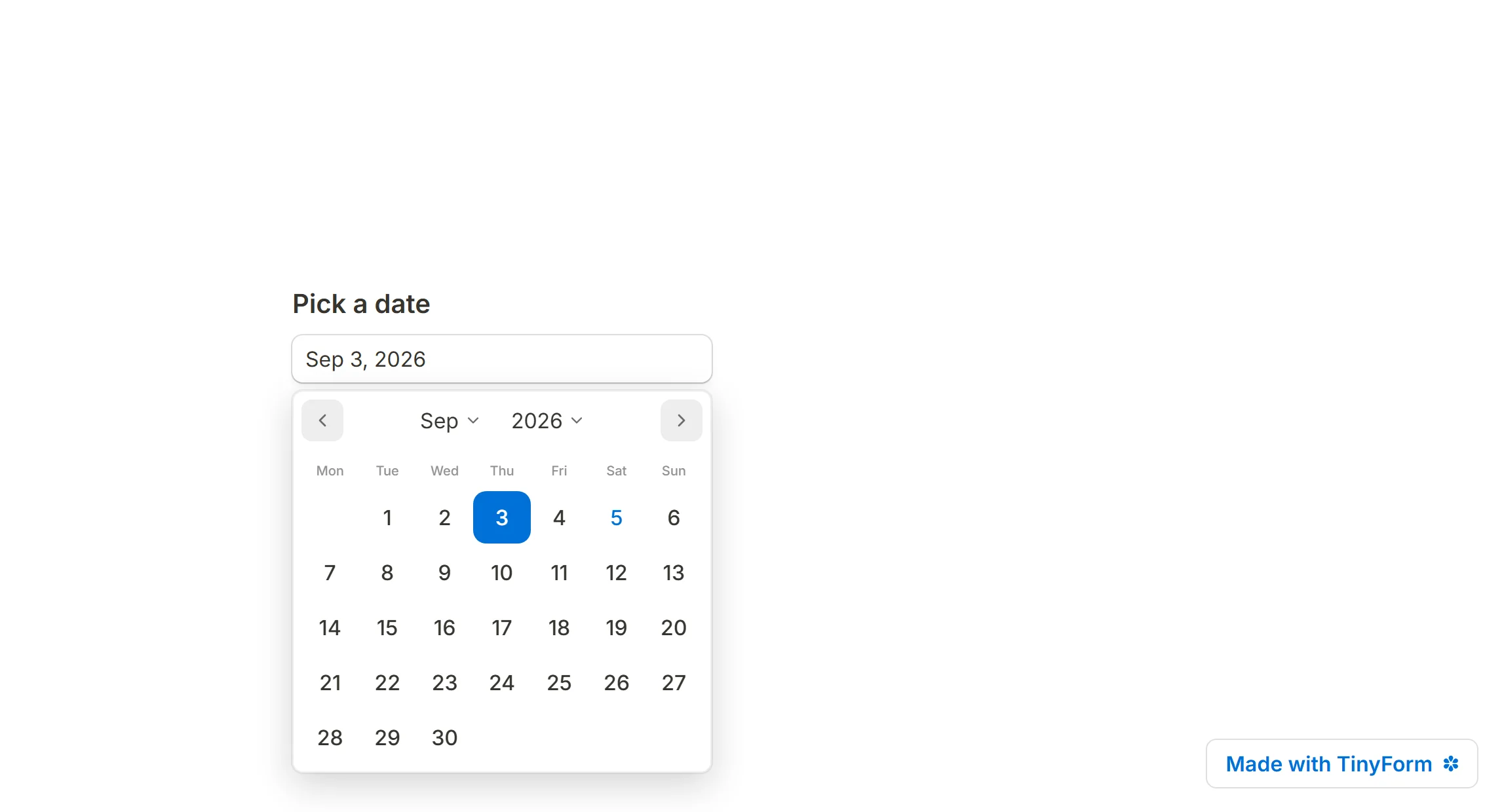 A published date question with its calendar open on the day picked