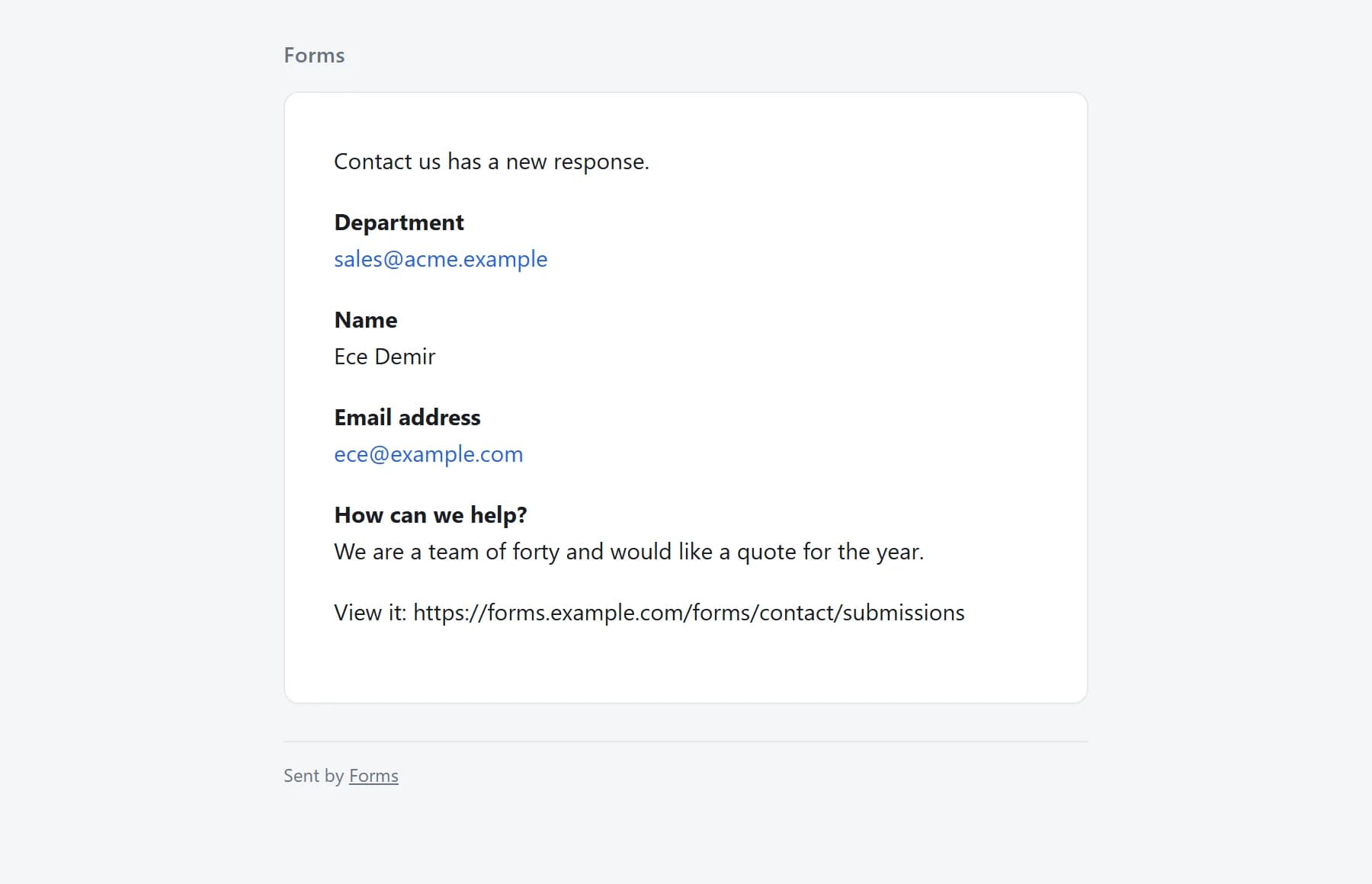 The notification that reached the sales inbox, with the Department answer that routed it at the top