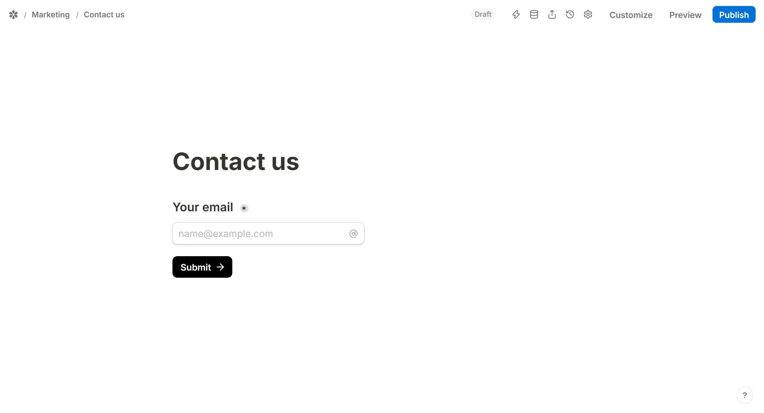 Email chosen from the slash menu, its box carrying the name@example.com placeholder