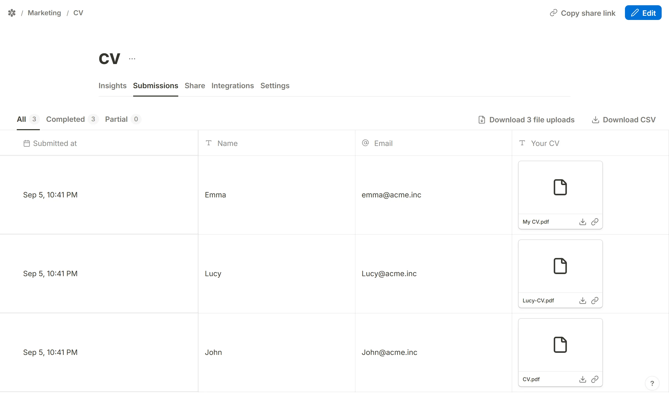 Download 3 file uploads at the top of the tab, which bundles every attachment into one ZIP