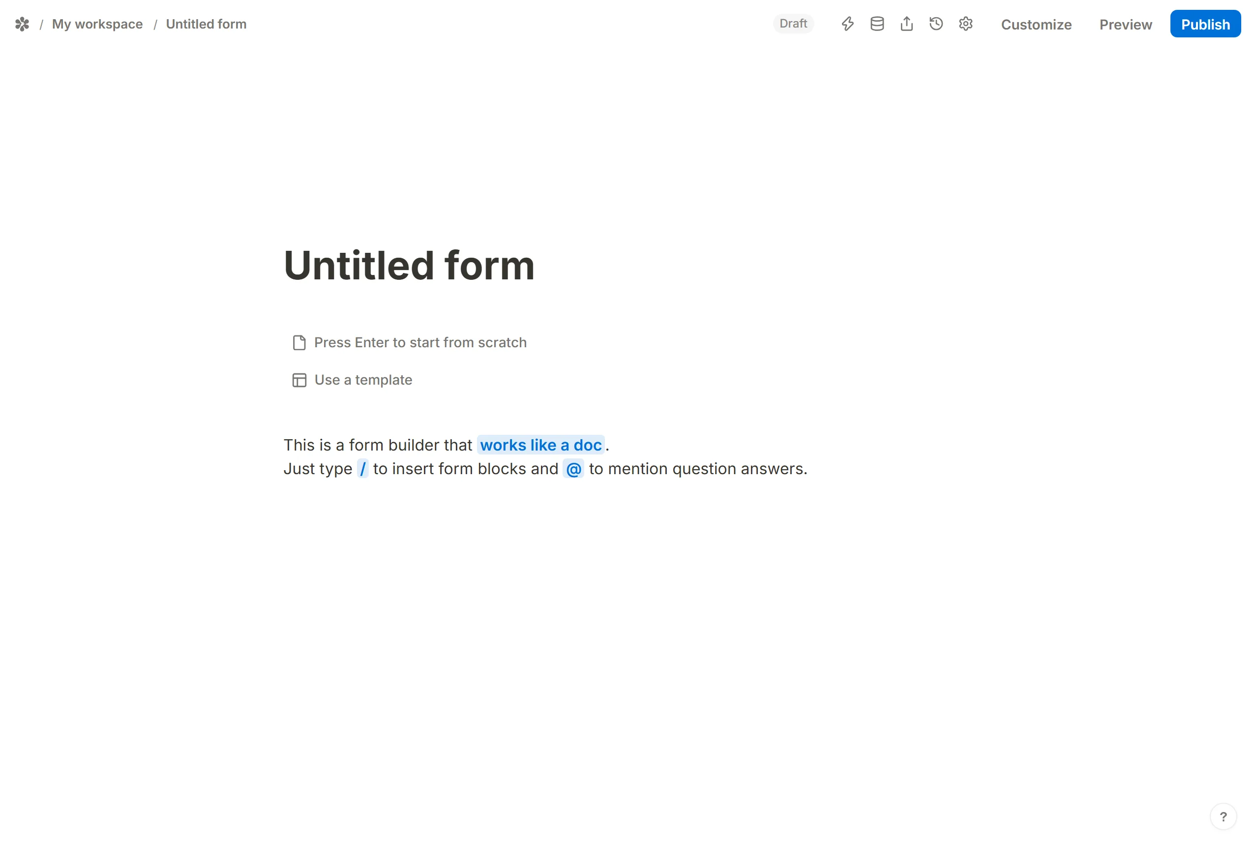 A new form's empty canvas, offering Press Enter to start from scratch and Use a template.