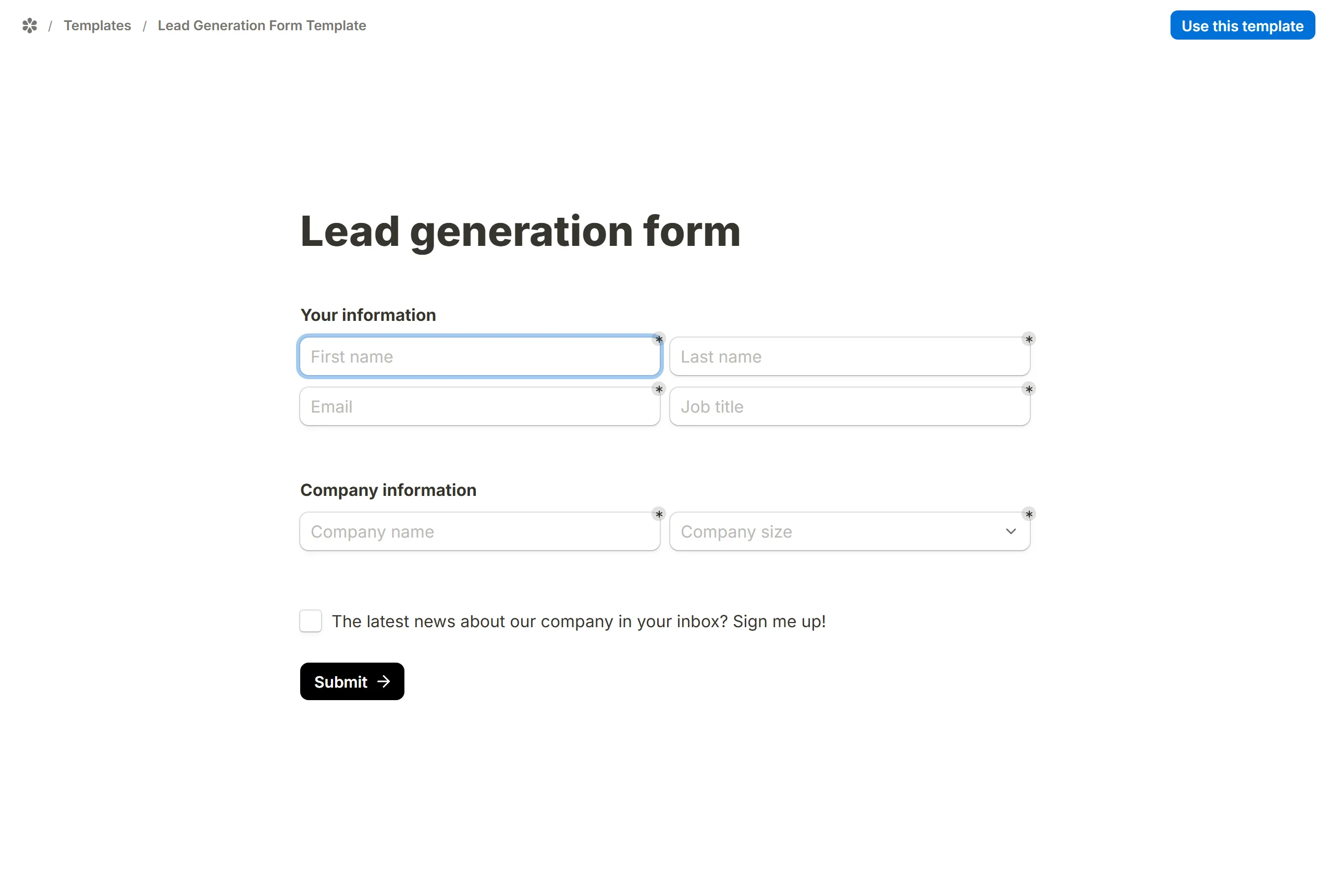 A template's own page, the whole form drawn by the renderer, with Use this template in the top right.