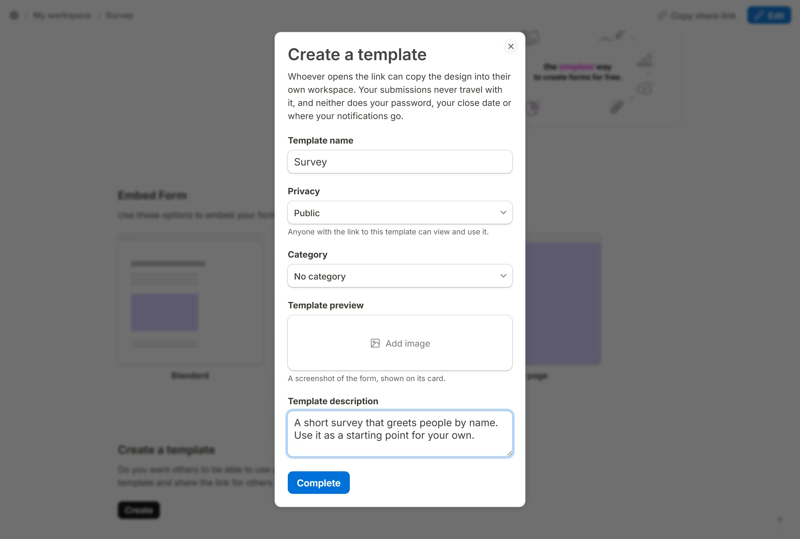 The Create a template dialog, with the template name, privacy, category, preview image and description filled in.