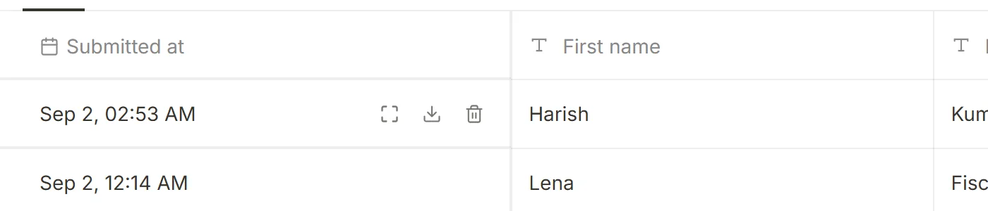 A submission row with its own bin button boxed