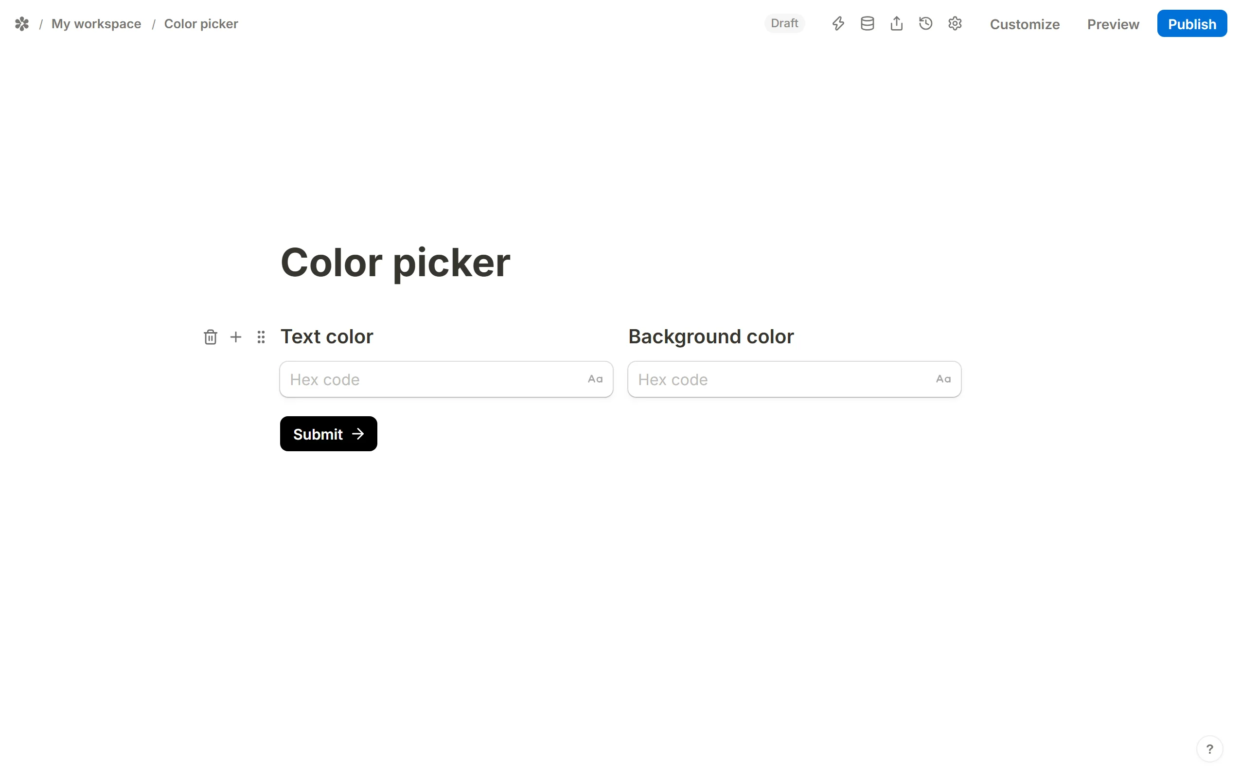 Two narrow Short answer questions side by side, each with the placeholder Hex code