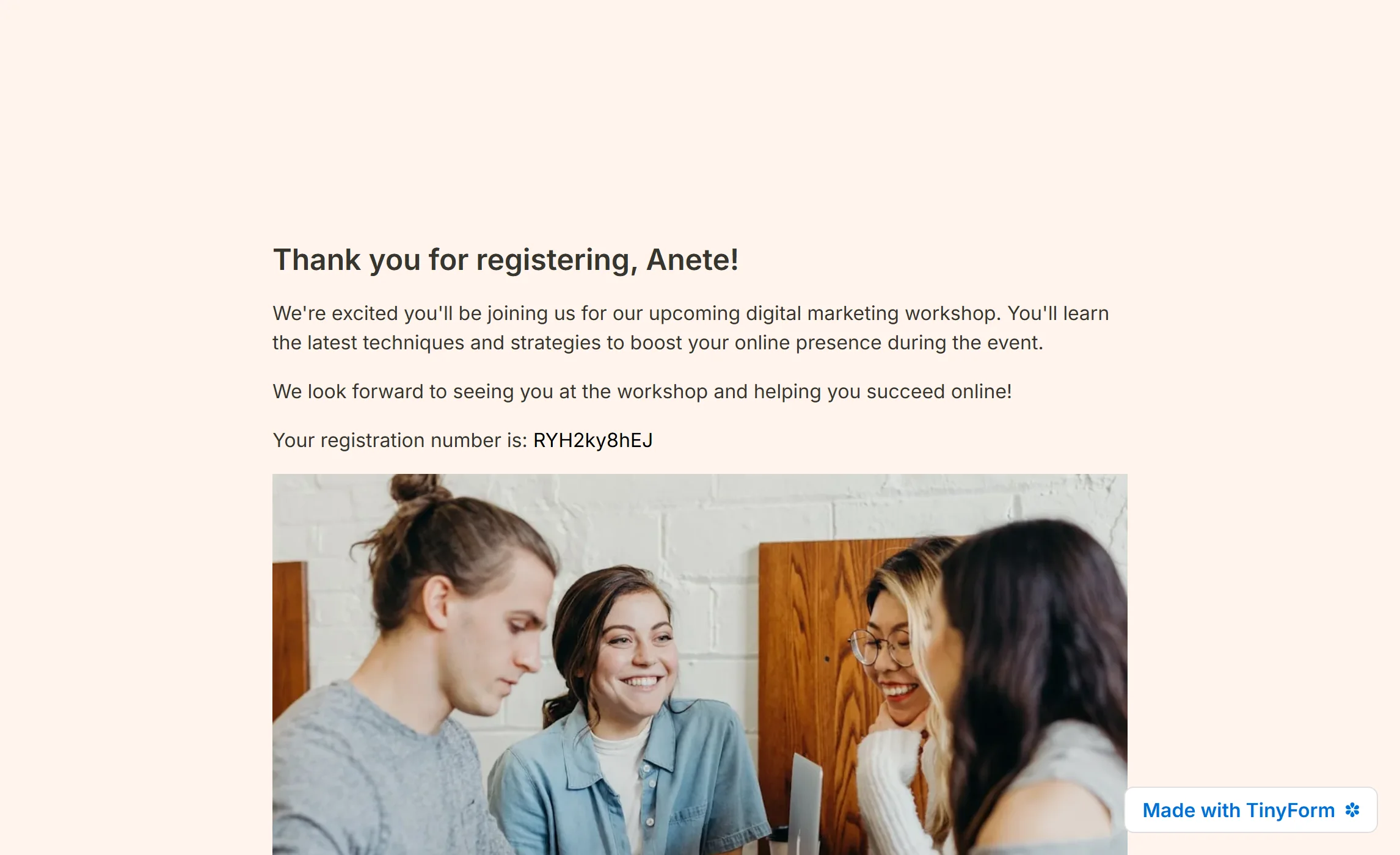 A finished Thank you page on the published form: a heading that greets the respondent by name, the next steps, the registration number the submission was stored under, and a picture.