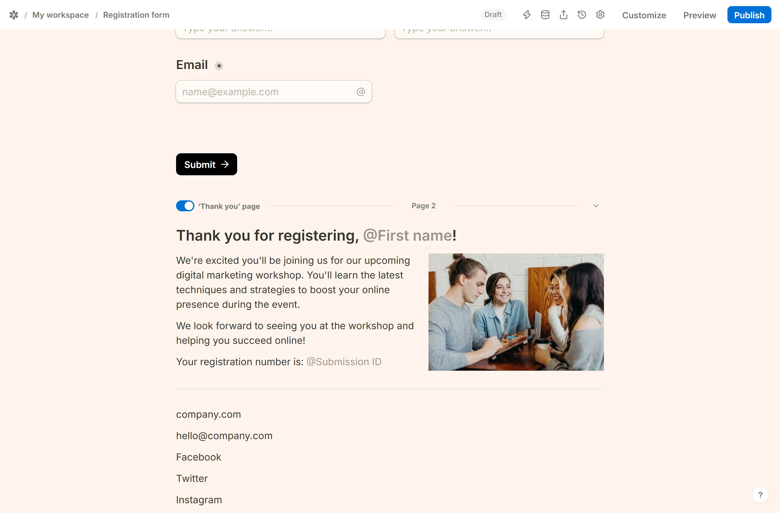 The Thank you page in the editor with a divider under the columns and five plain lines: a website, an email address and three social profiles.
