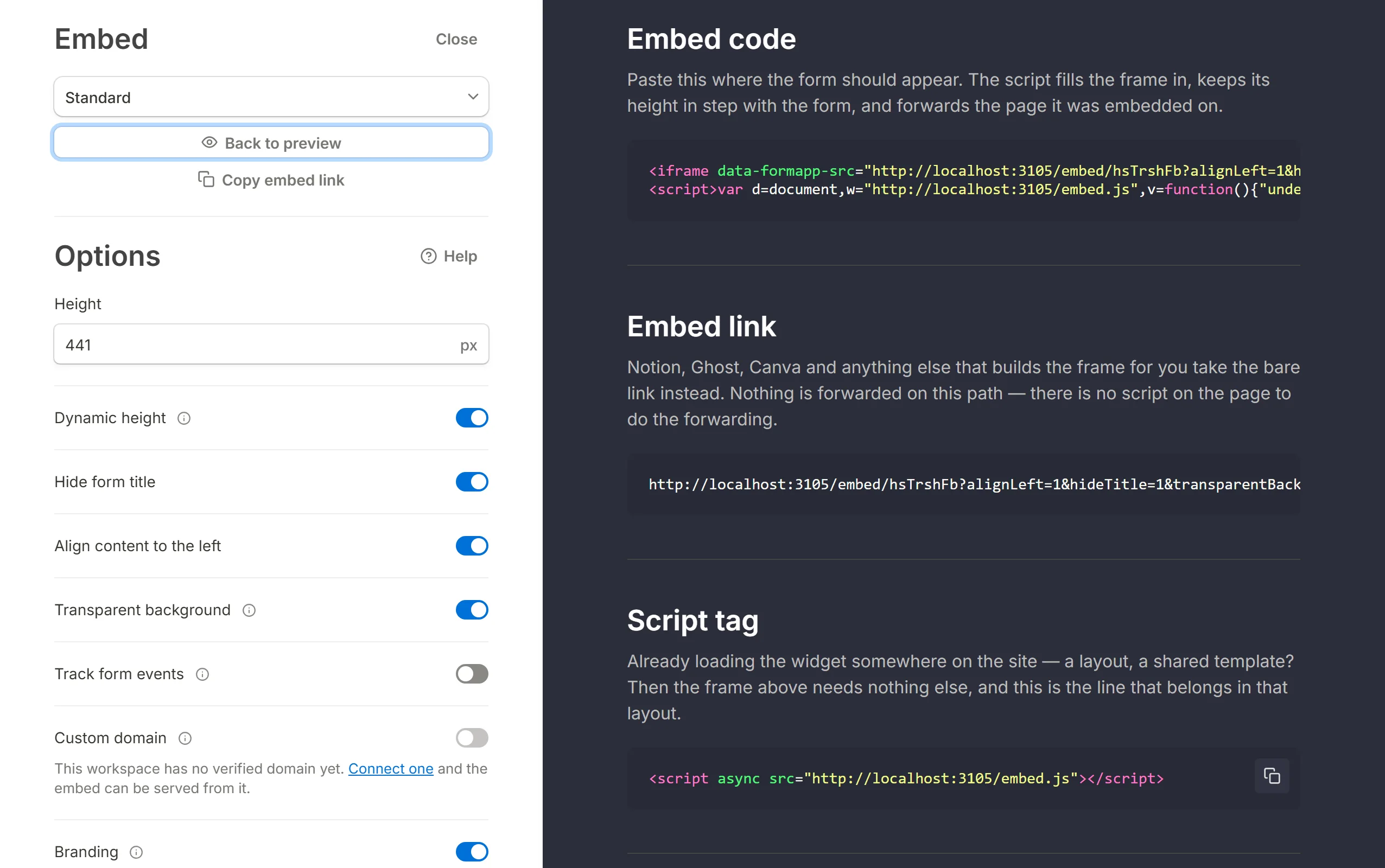 The same dialog showing the embed code, the bare link and the script tag