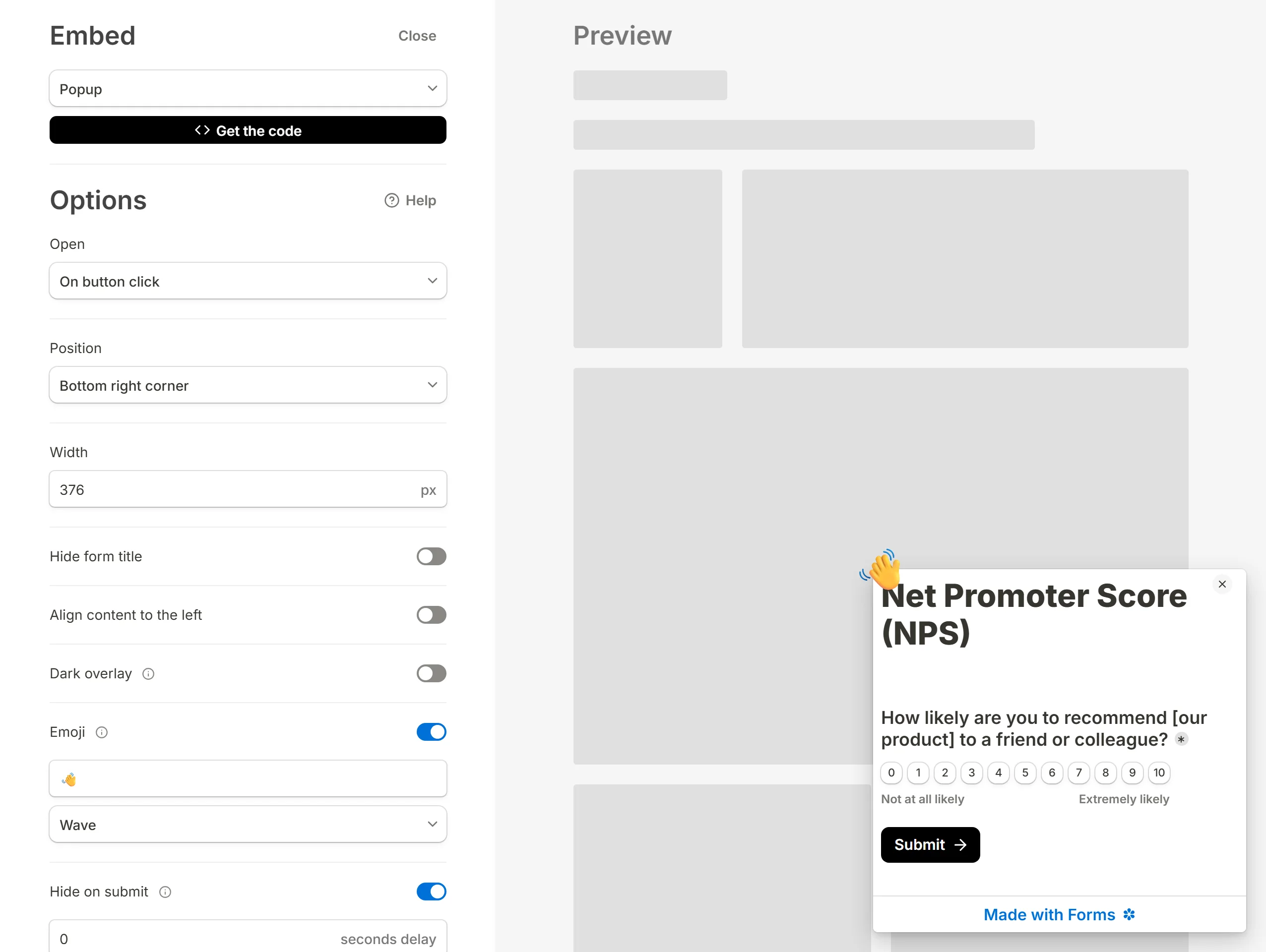 The Share tab's Embed dialog in Popup mode, with the survey drawn over the preview page as it would open inside a product.