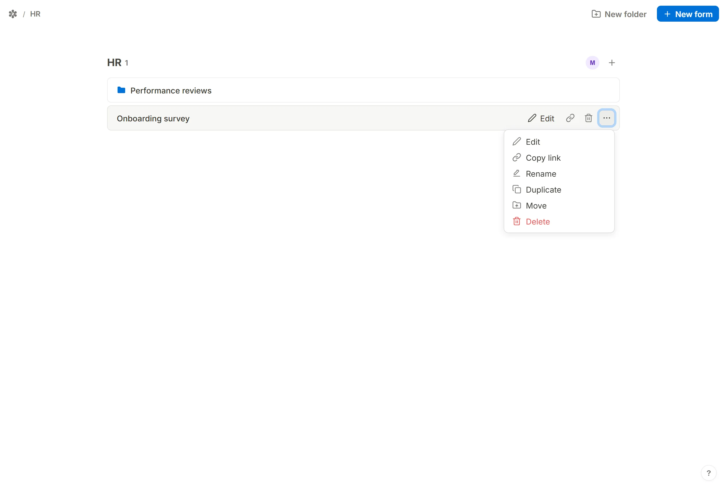 A form row on a workspace page with its menu open and Rename pointed out