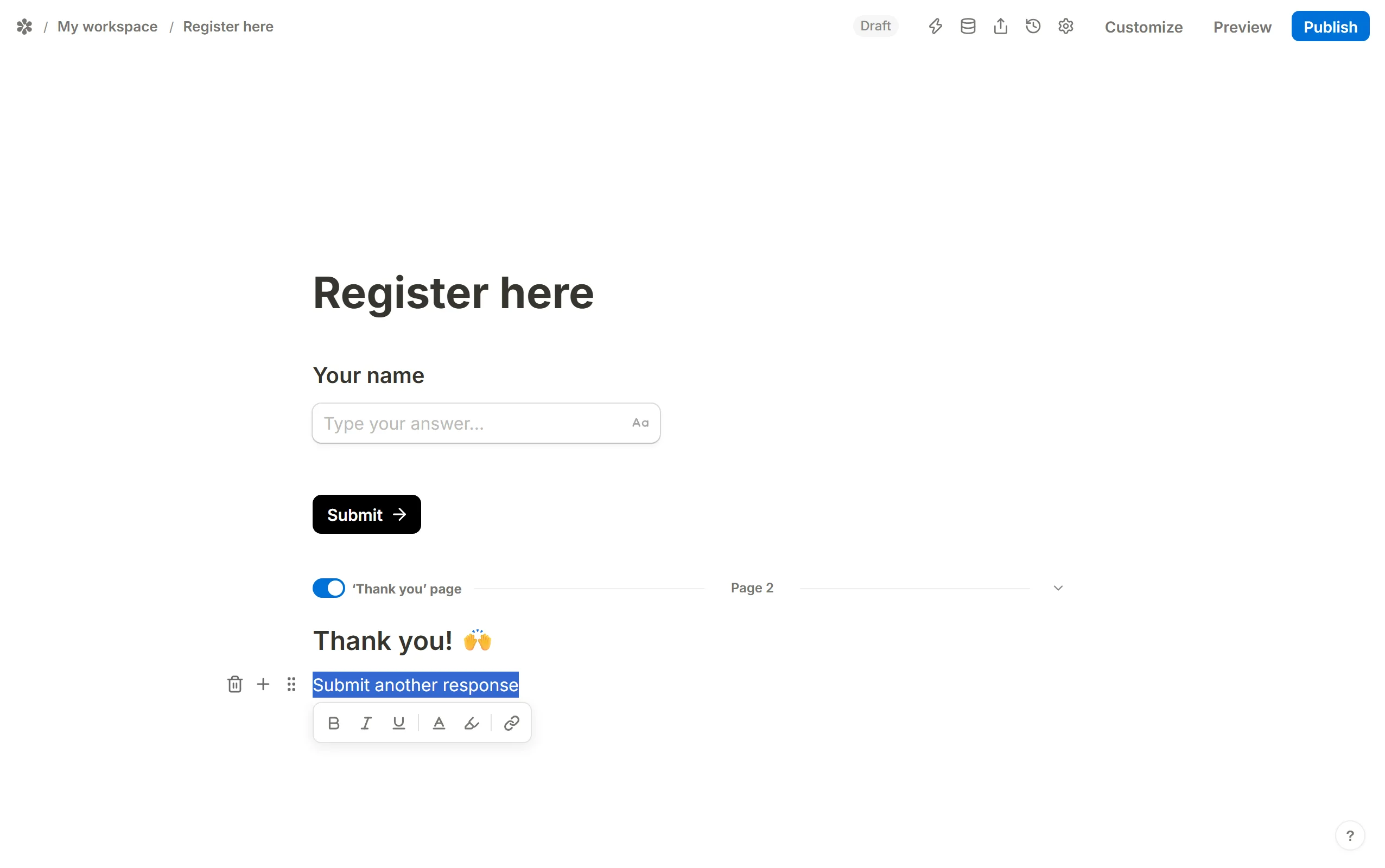 The words selected, with the inline toolbar and its link button open