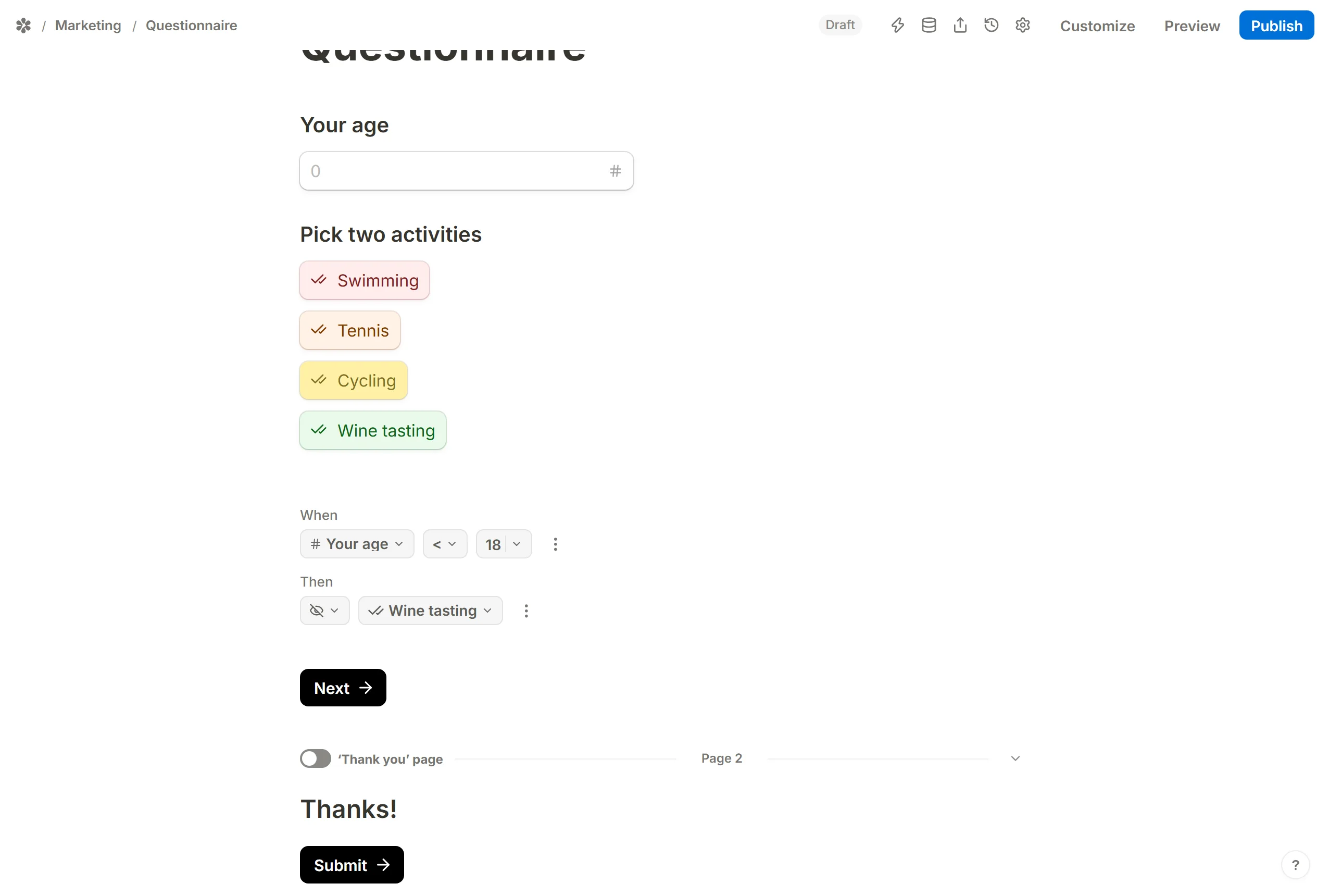 The Hide blocks picker expanded to one option inside the question rather than the whole block