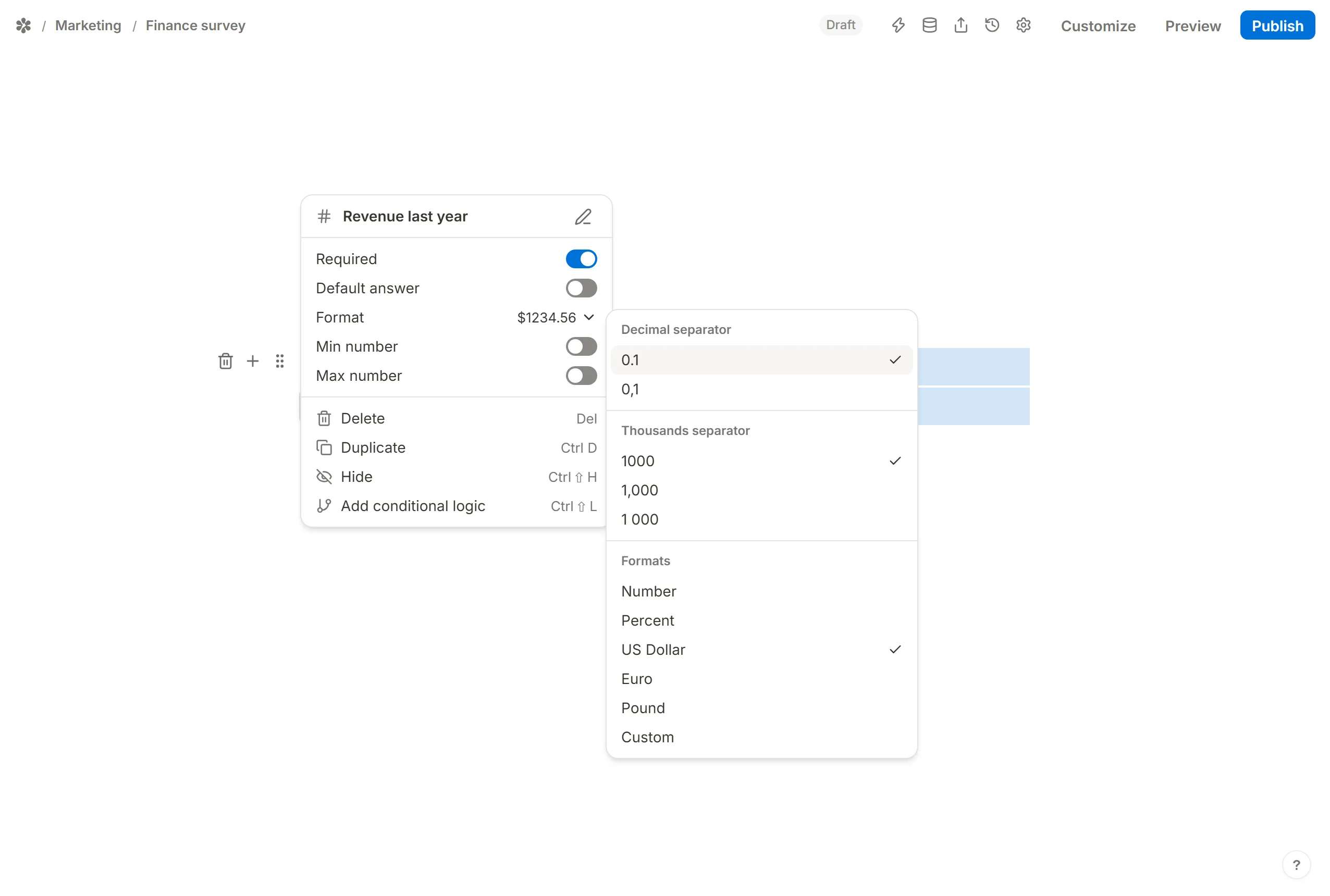 The Format list open on the block, from Number through the currencies to Custom