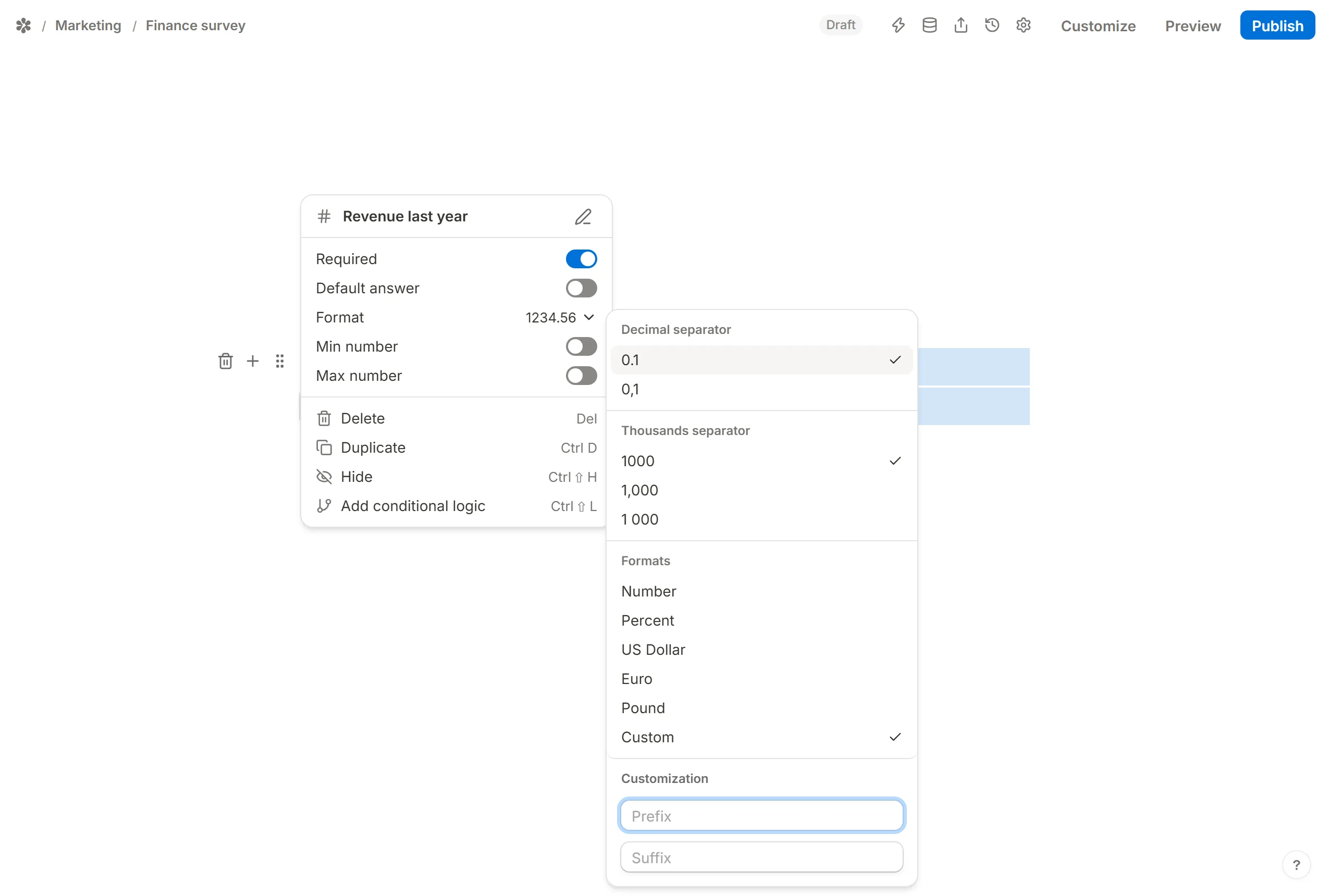 Custom chosen, which opens Prefix and Suffix under a Customization group