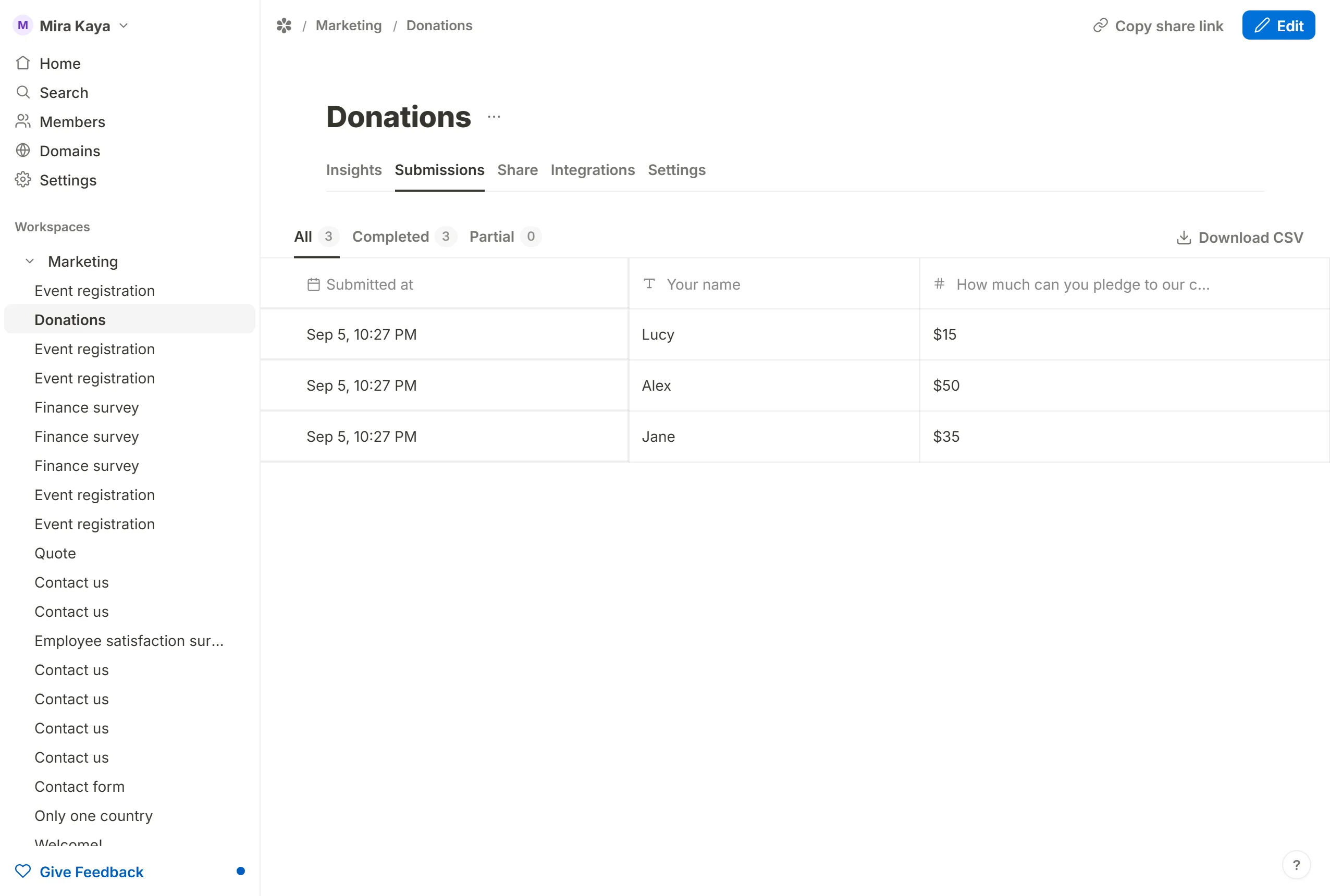 The Submissions tab drawing each answer in the block's own format