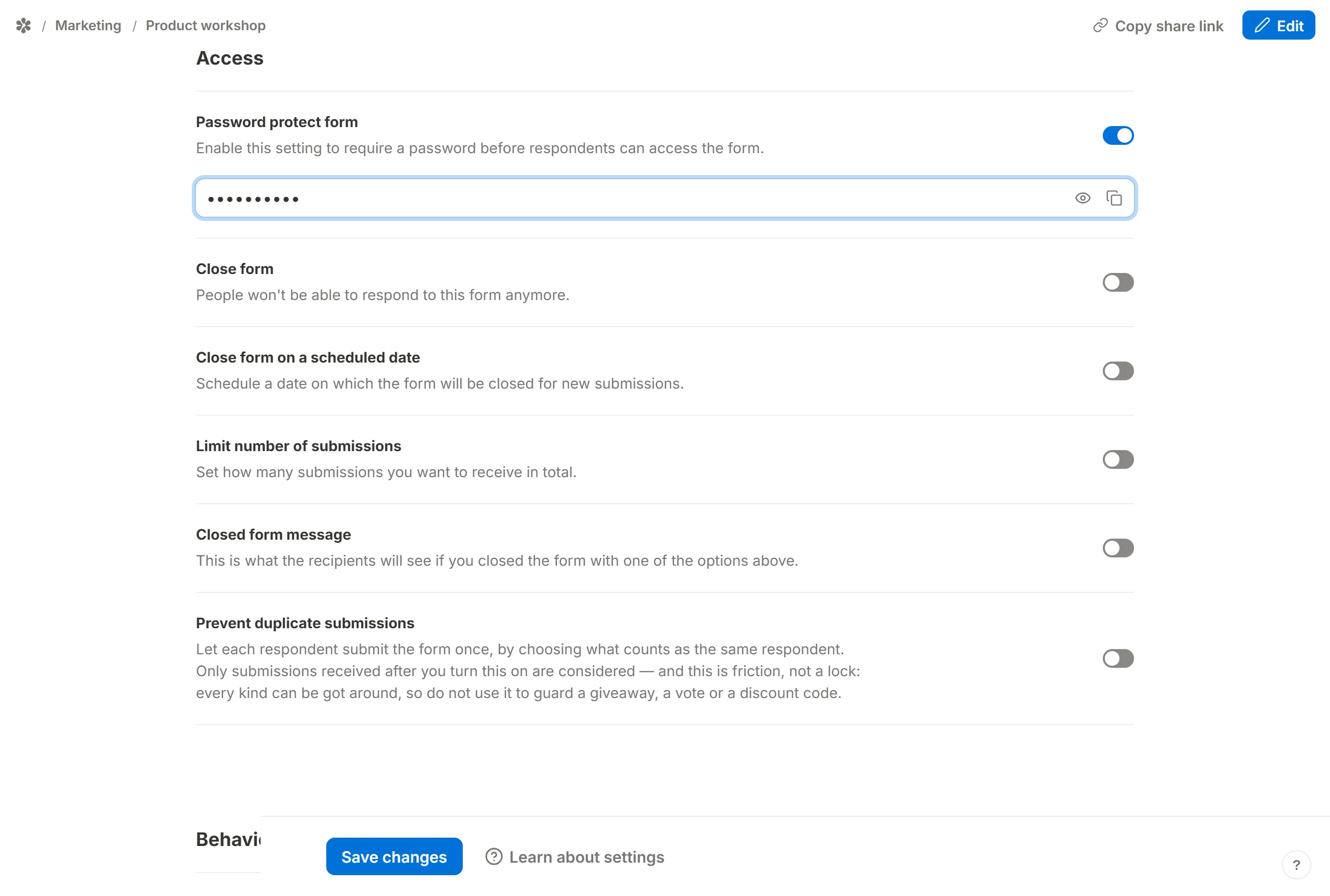 Password protect form switched on, with a password in the box