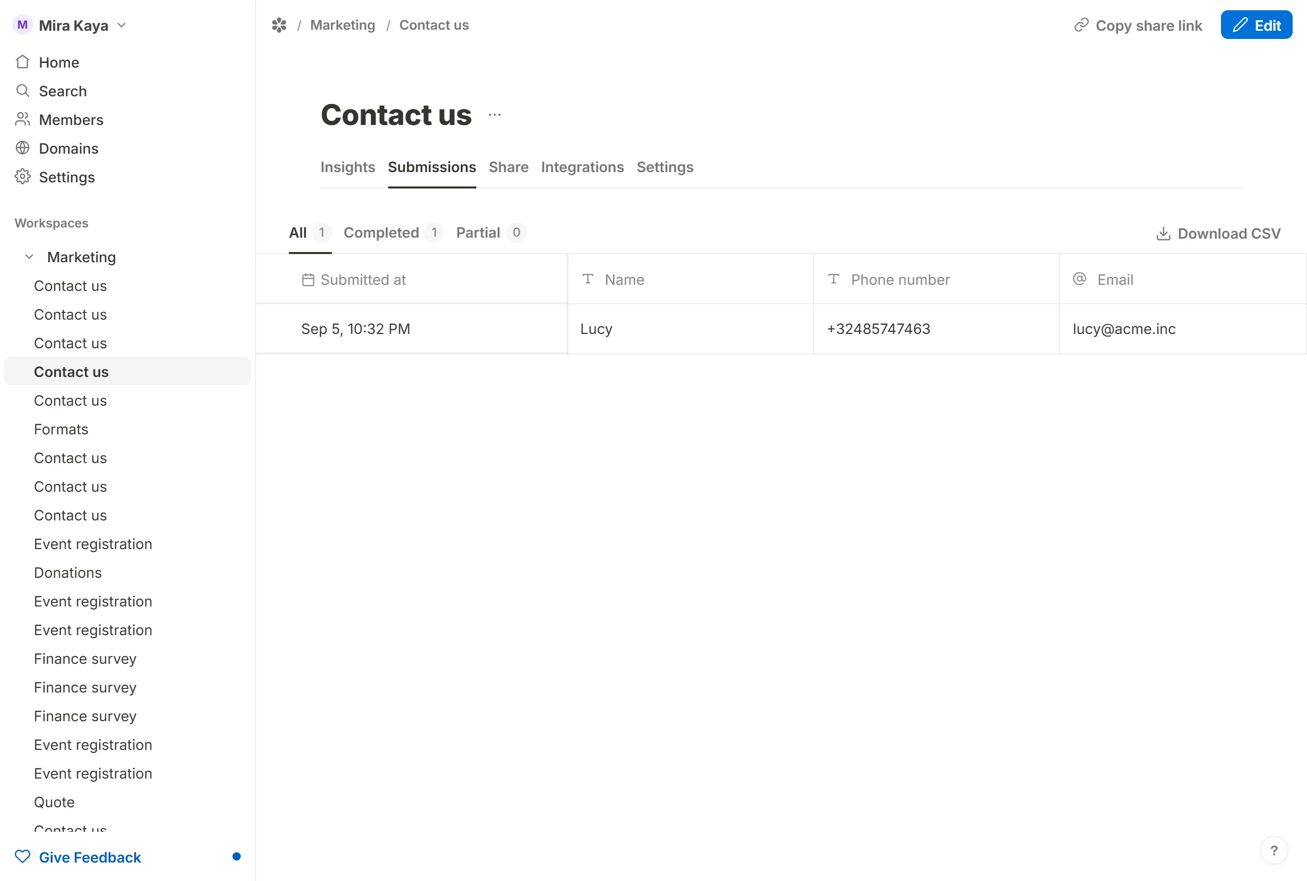 The Submissions tab drawing every number in international form, the calling code first