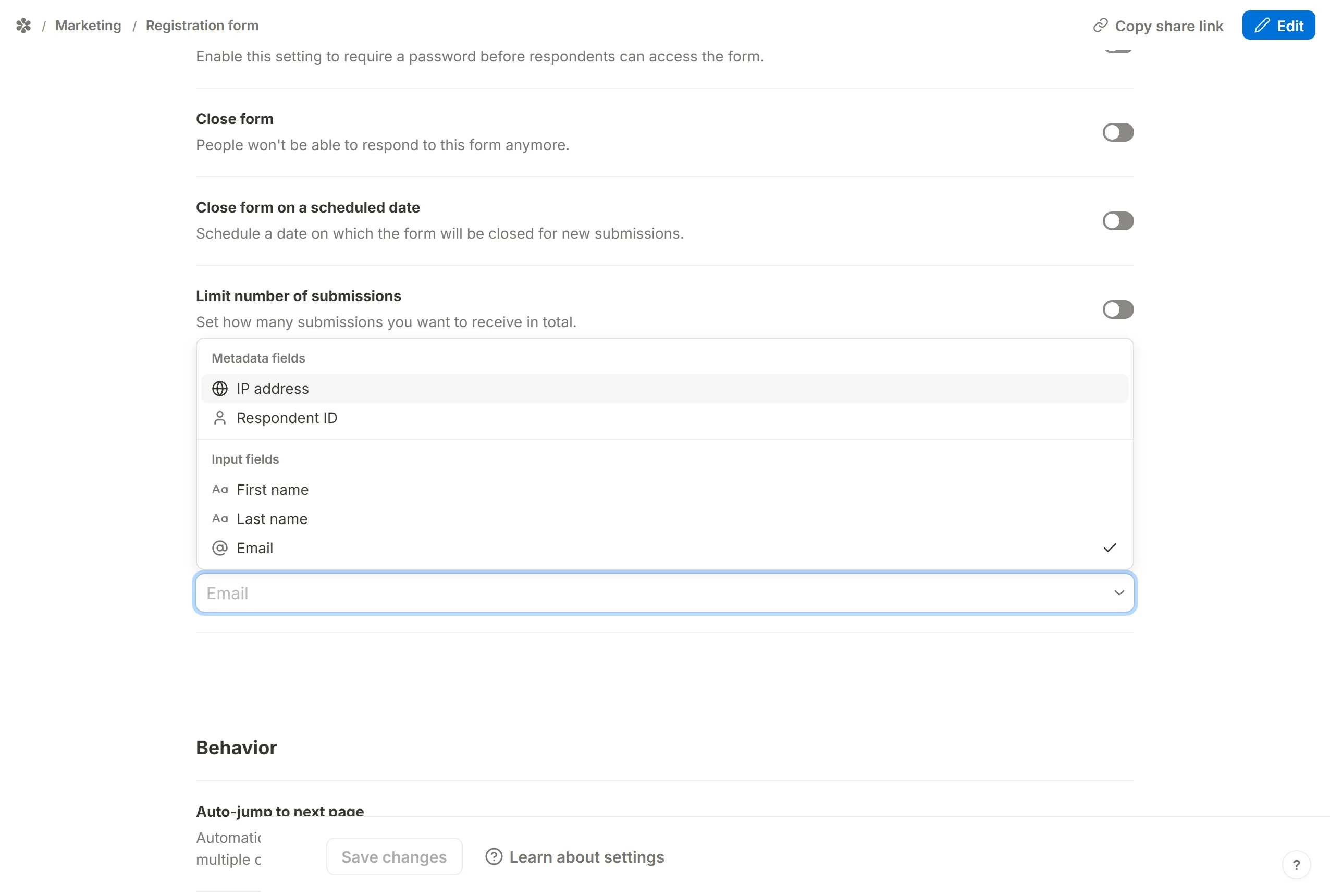 The identifier picker open, with Email ticked under Input fields