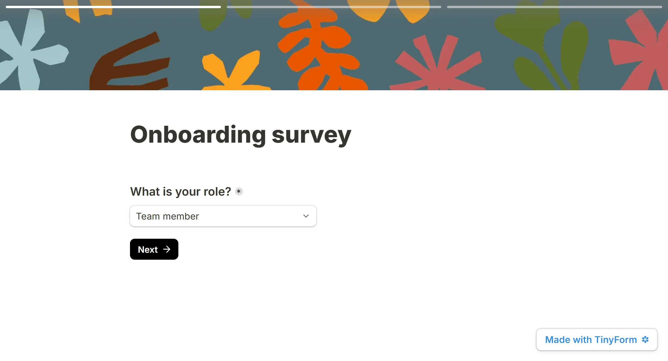 The same survey under a cover image, where the progress bar turns white over a faint scrim so it stays legible