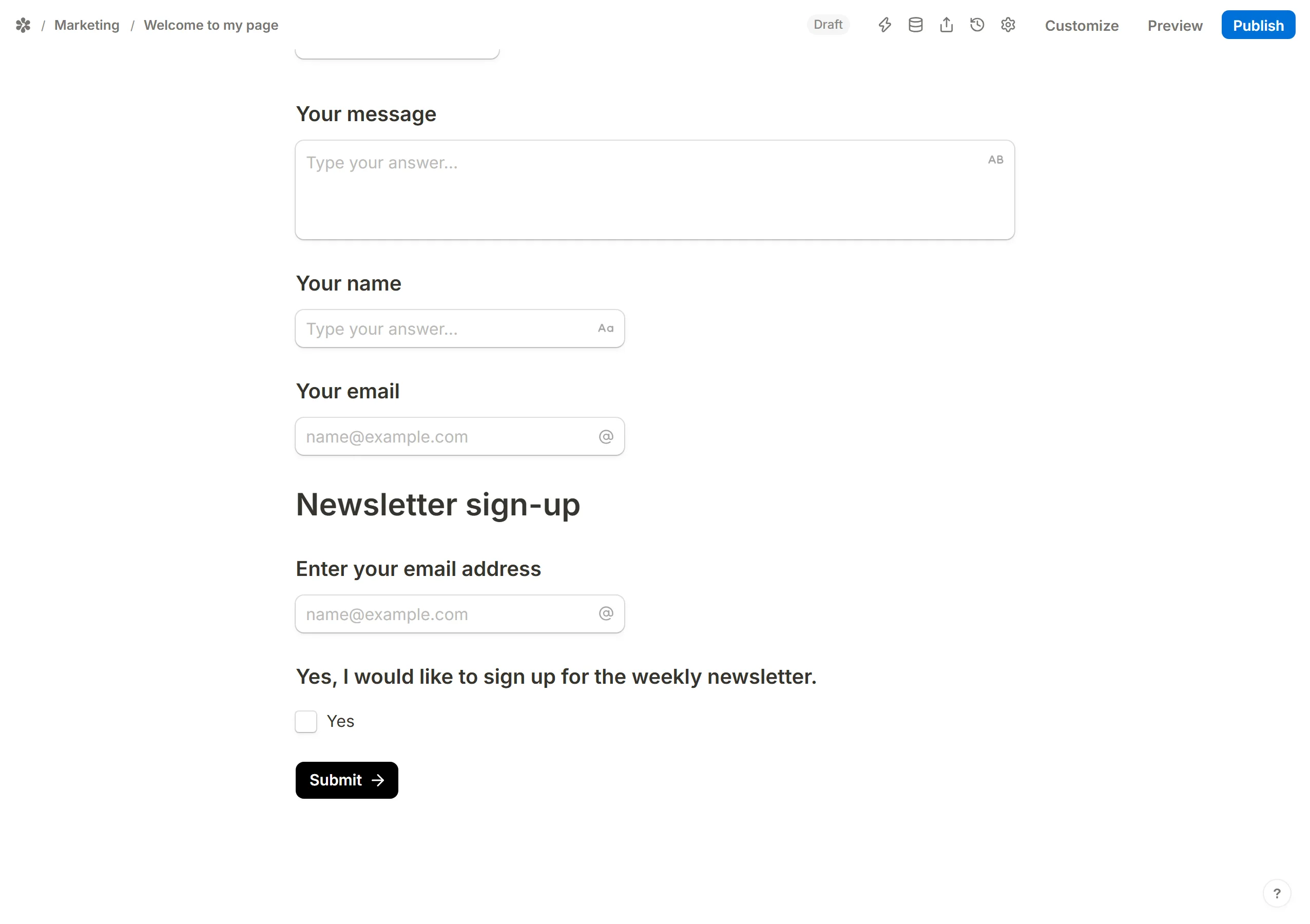 The message and newsletter blocks placed under the question