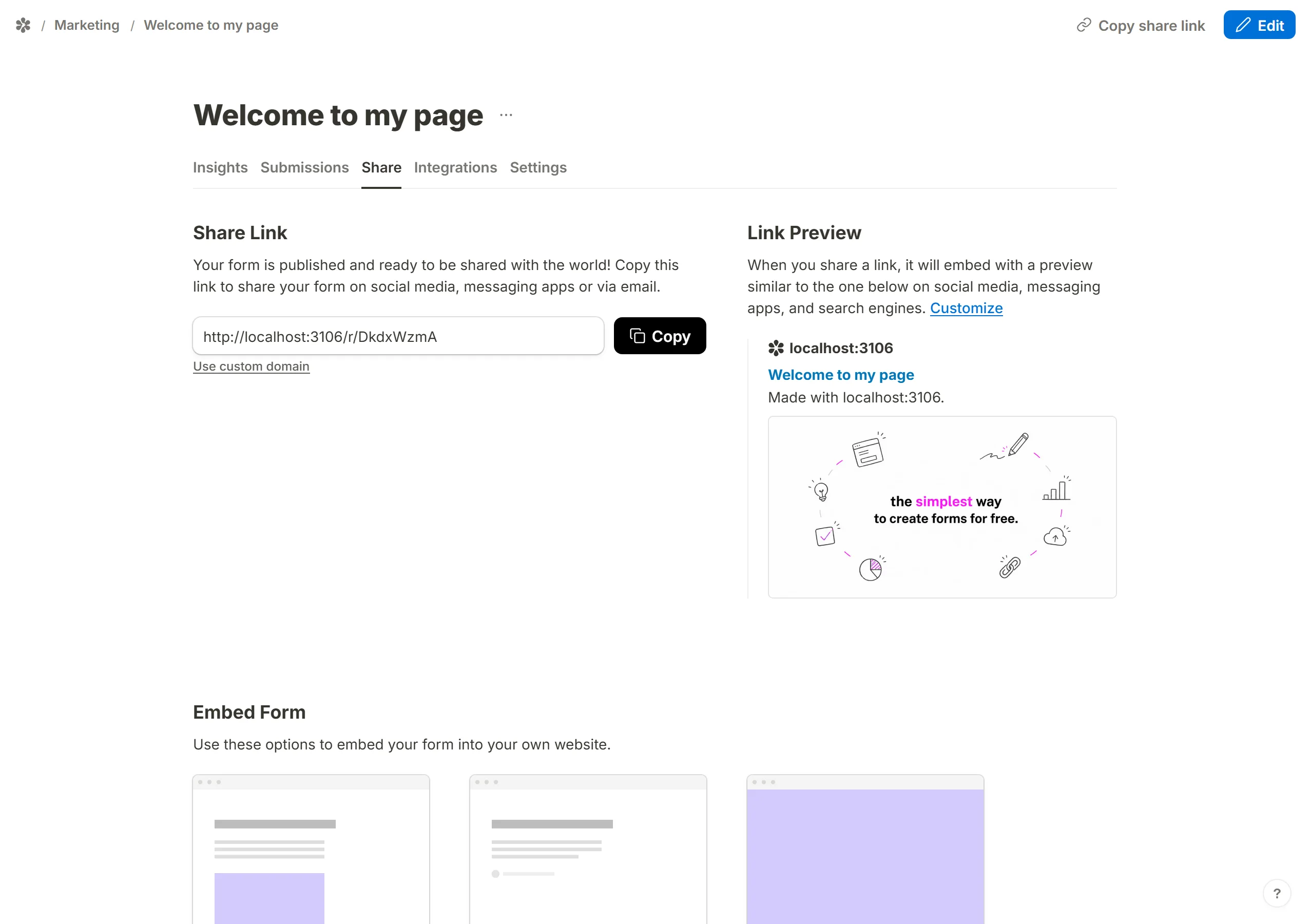 A form's public link on its Share tab, for redirecting to another form