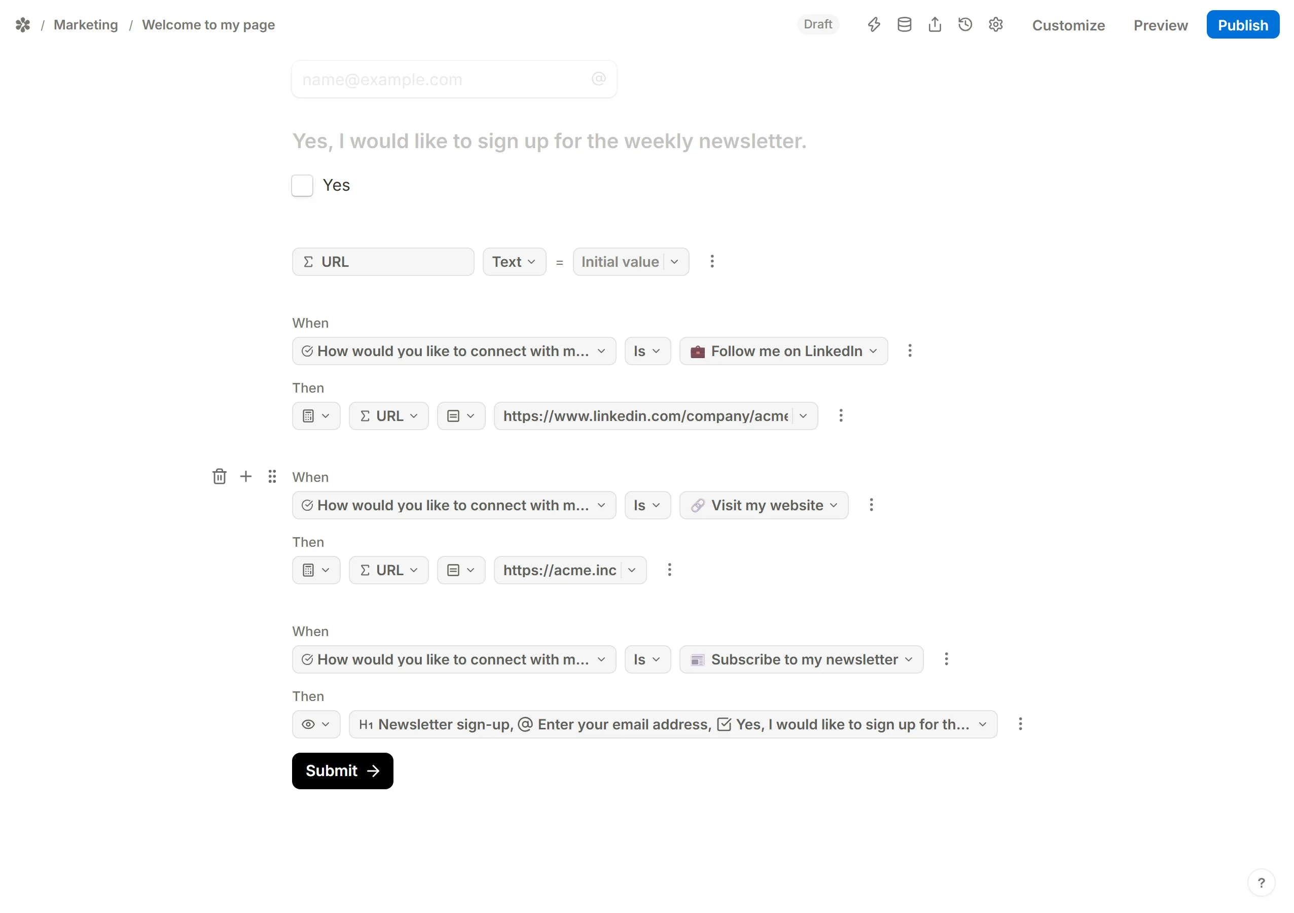 A rule that shows the newsletter blocks instead of redirecting