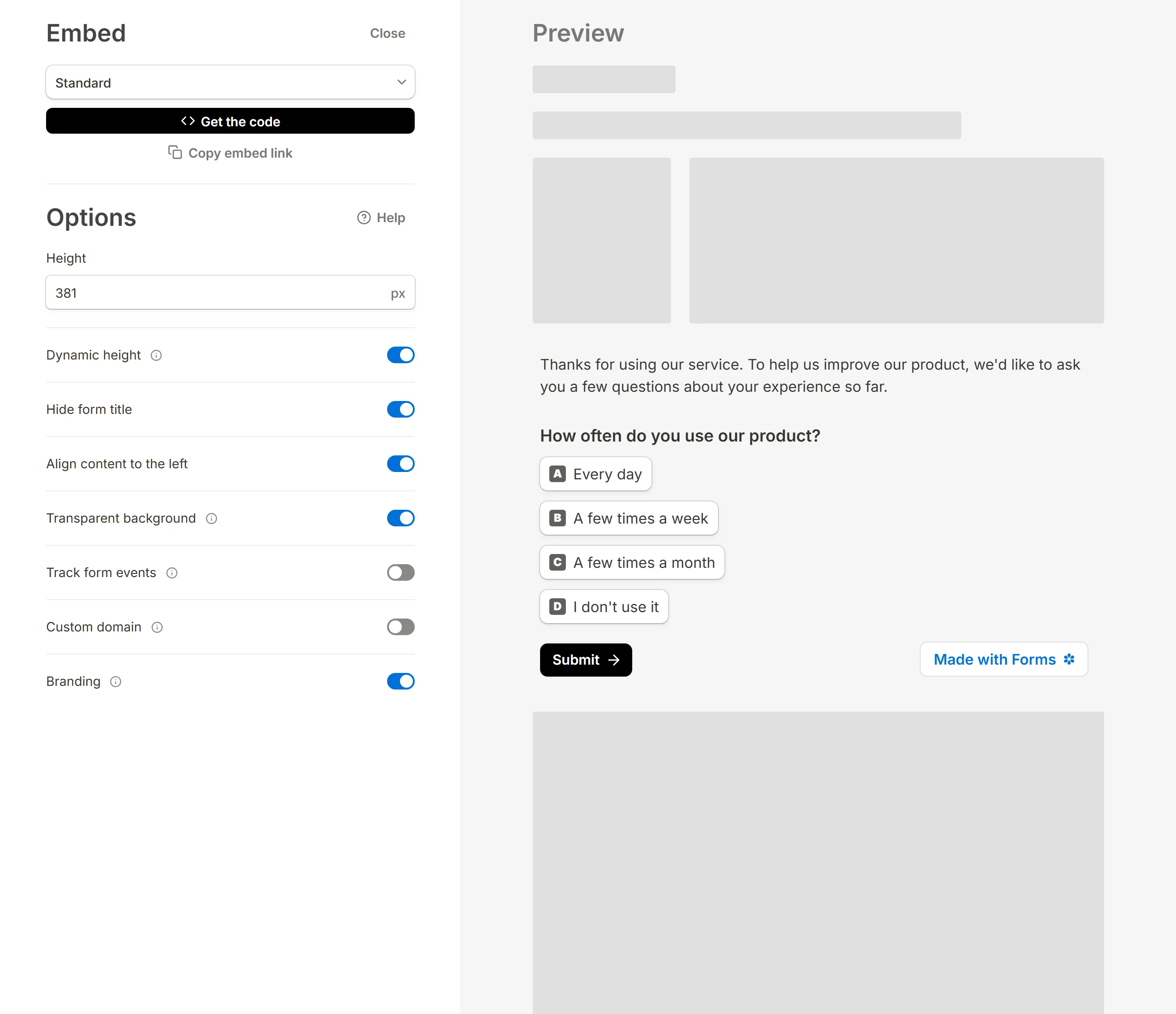 The embed dialog's own Branding switch, with the badge visible in the preview