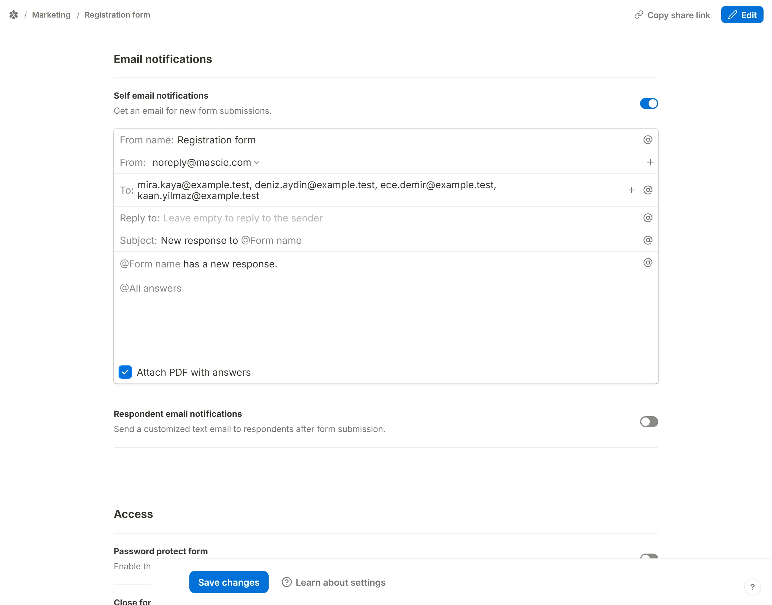 Attach PDF with answers, ticked at the bottom of the composer