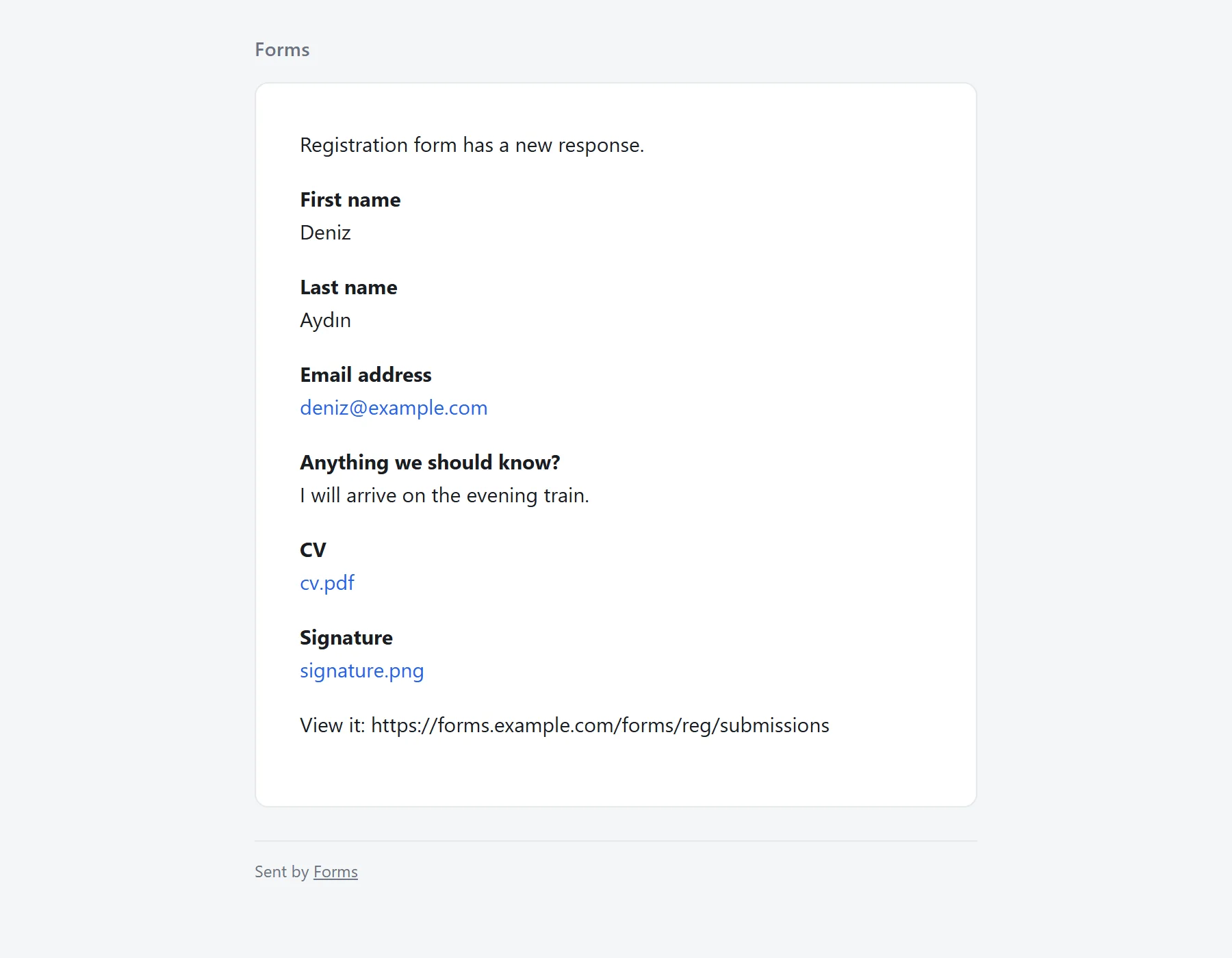 The owner's copy of a response: each question in bold over its answer, with the upload and the signature as links